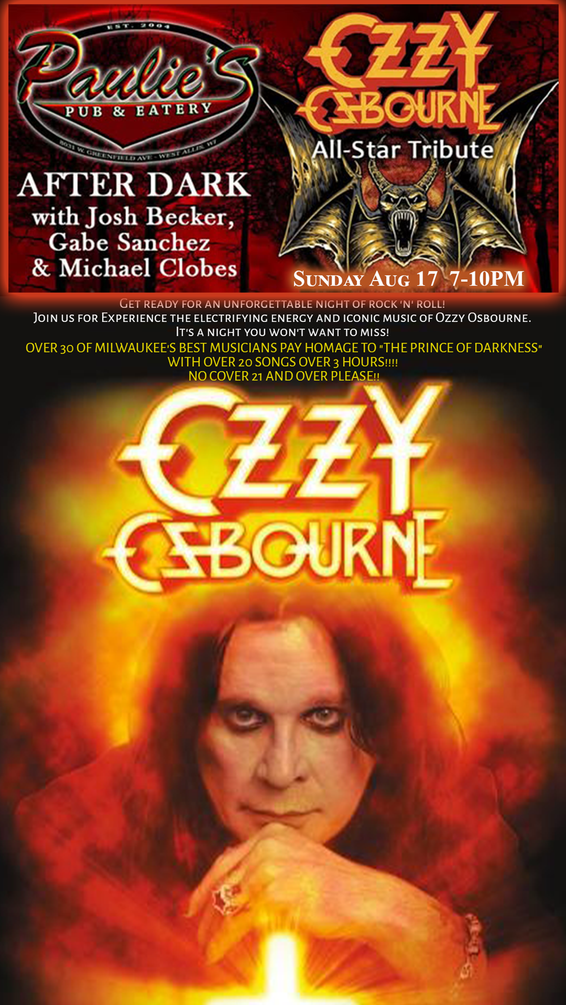 Poster for an Ozzy Osbourne tribute show at Paulie's Pour House. Features text and an image of Ozzy.