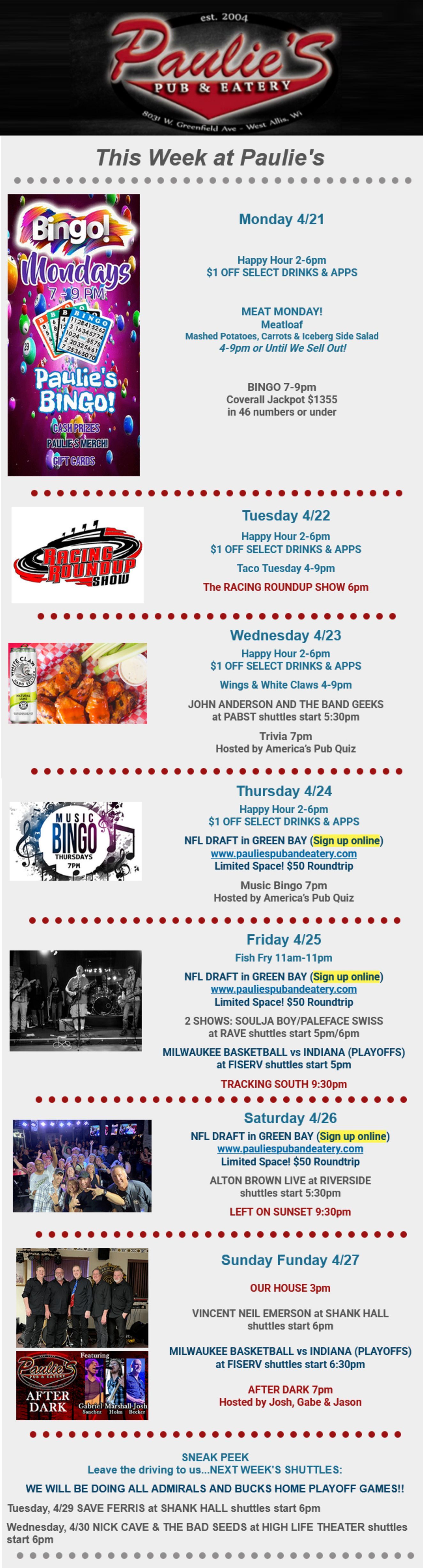 This Week at Paulie's Event Schedules