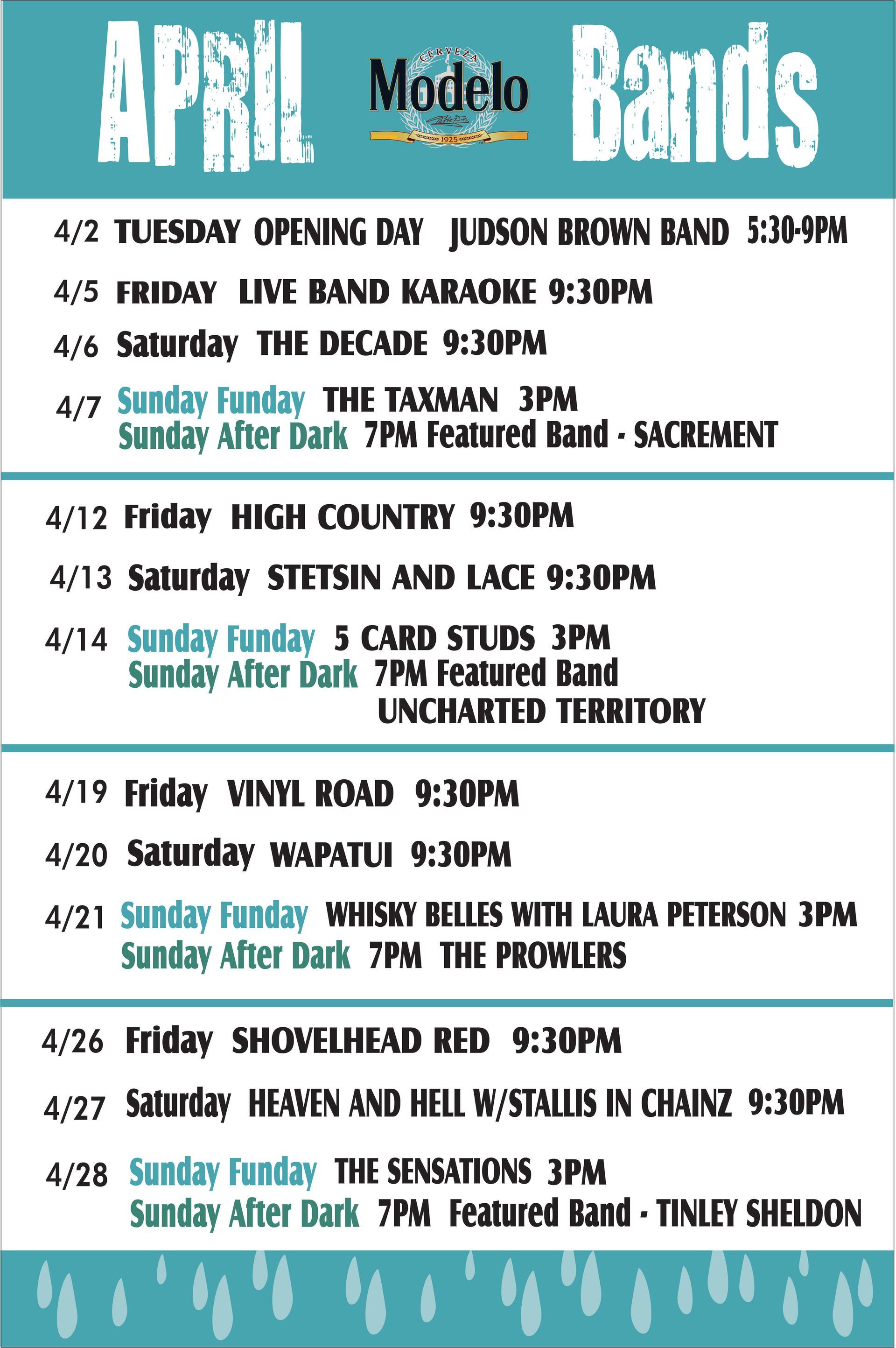 A poster for april modelo bands shows a schedule of events.