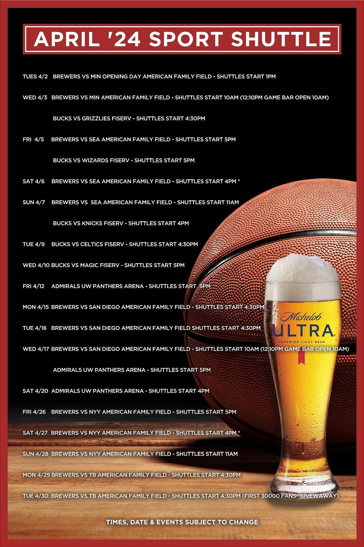 A poster for the april 24 sport shuttle with a glass of beer and a basketball
