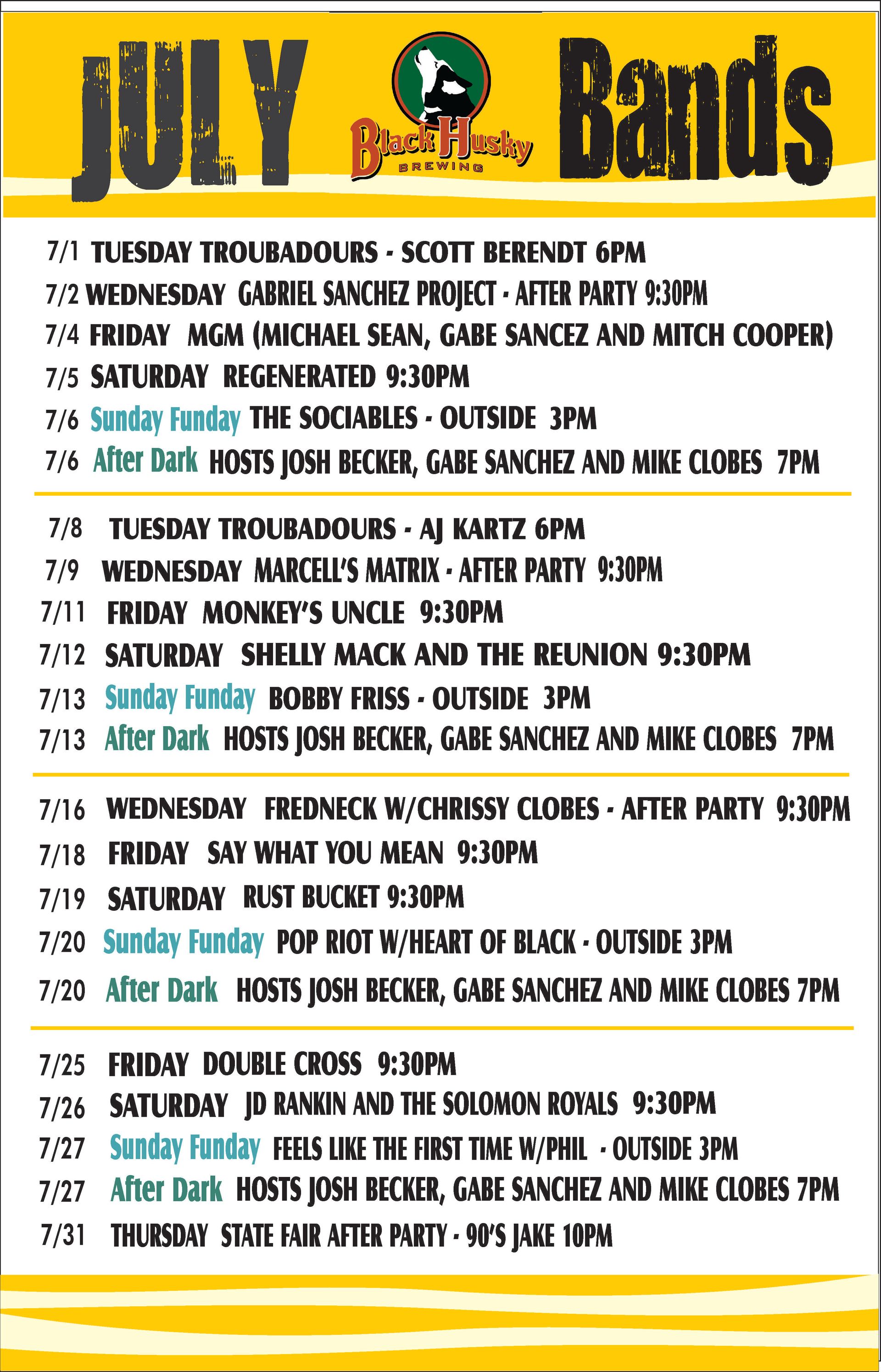 Black Husky Brewing - July Bands