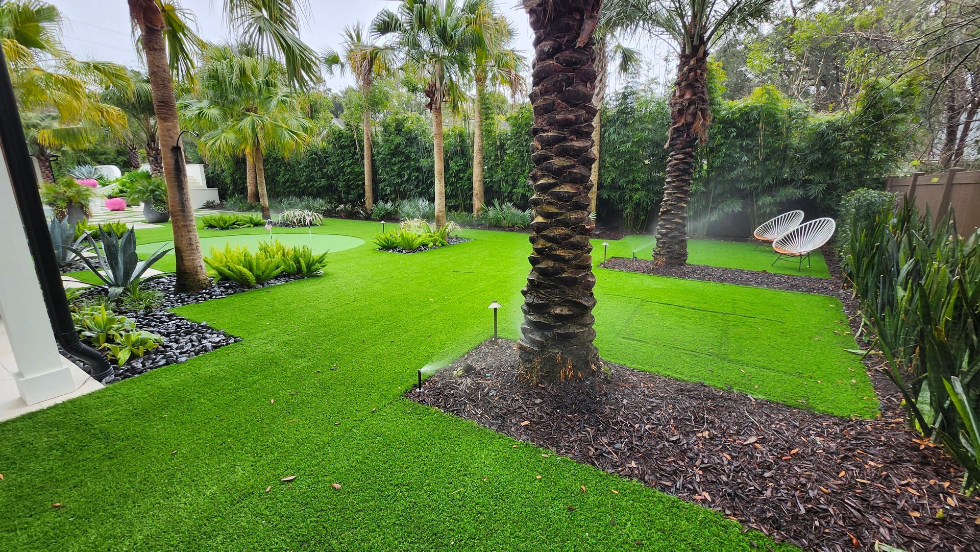 A lush green lawn with palm trees and sprinklers in a backyard.