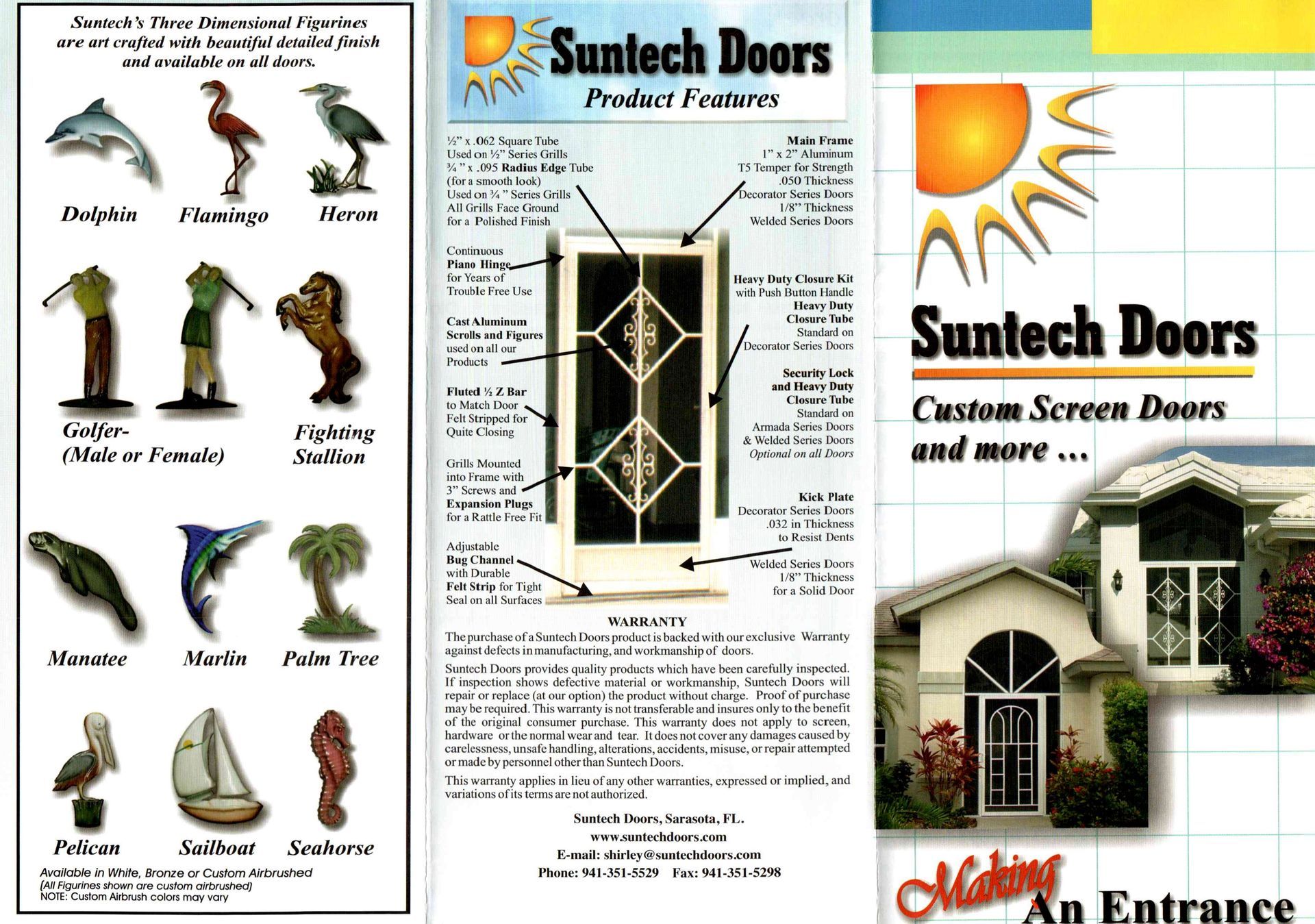Brochure for Suntech Doors, features images of screen door options, with sea creatures and a house.