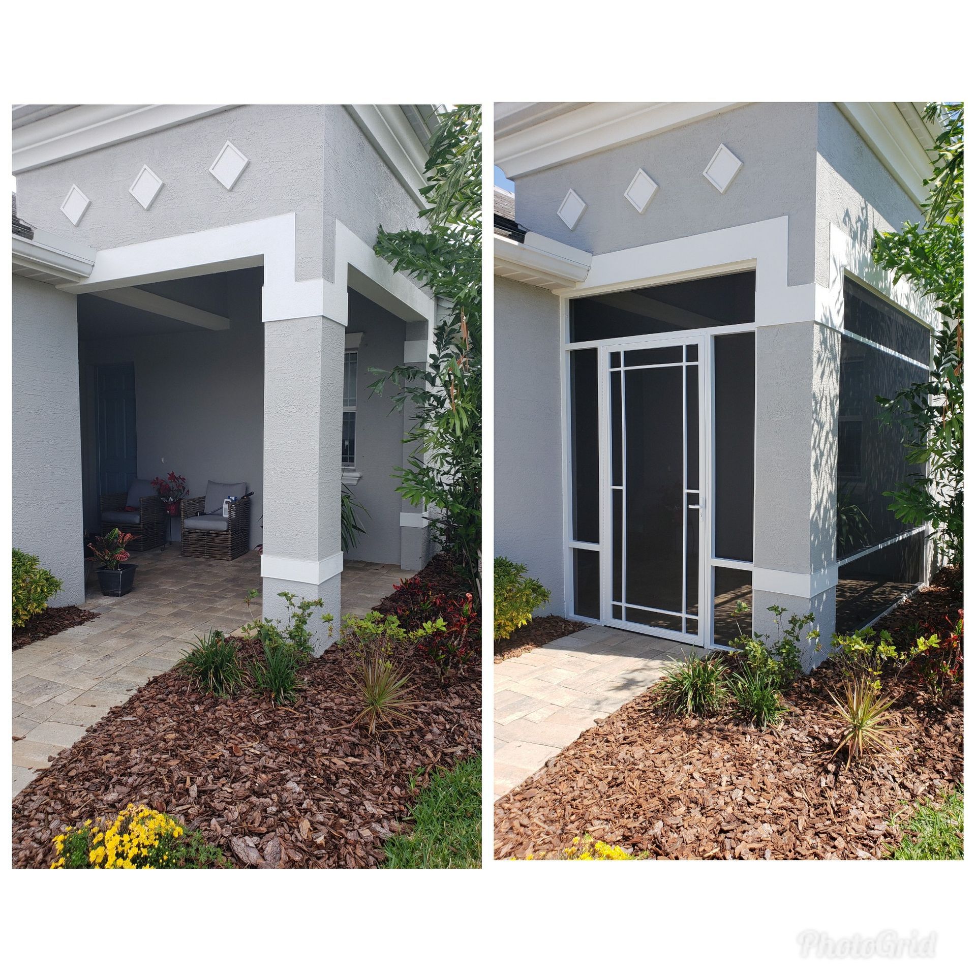 Two-panel comparison of a house entrance: one without a screen and one with a white-framed screen door.