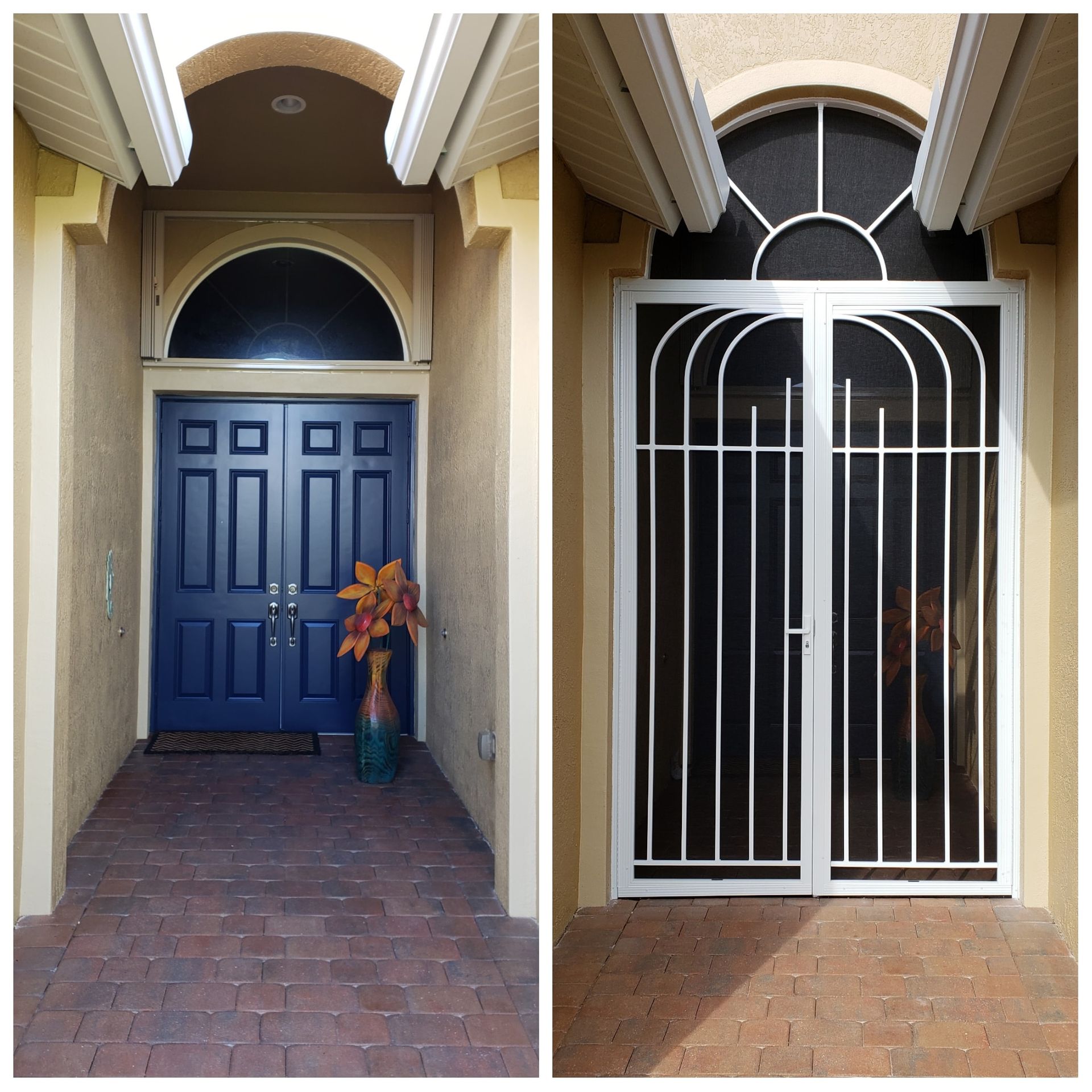 Two images comparing a blue door with a security gate, in a brick entrance.