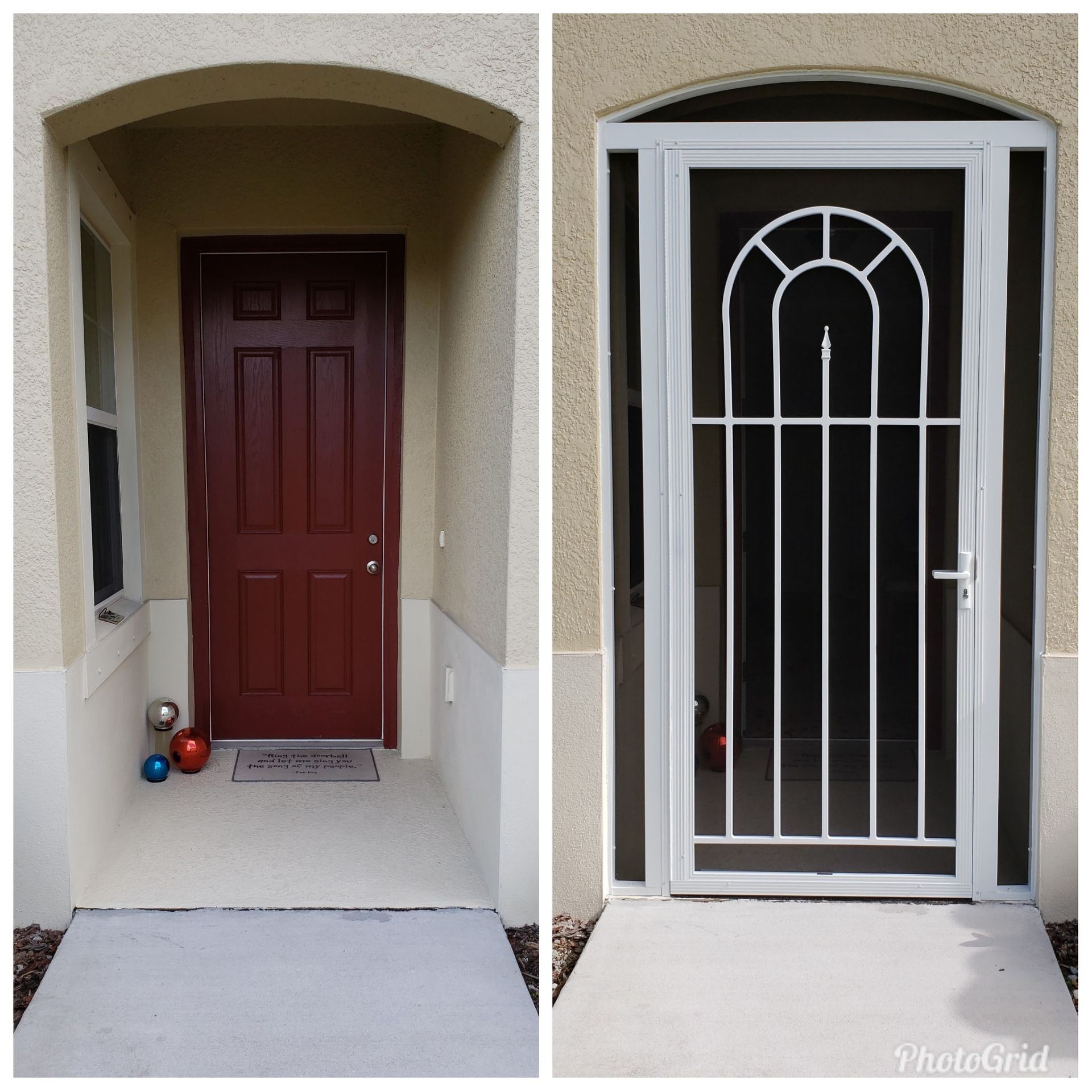 Two exterior door views:  red door and white security door on a light stucco house porch.