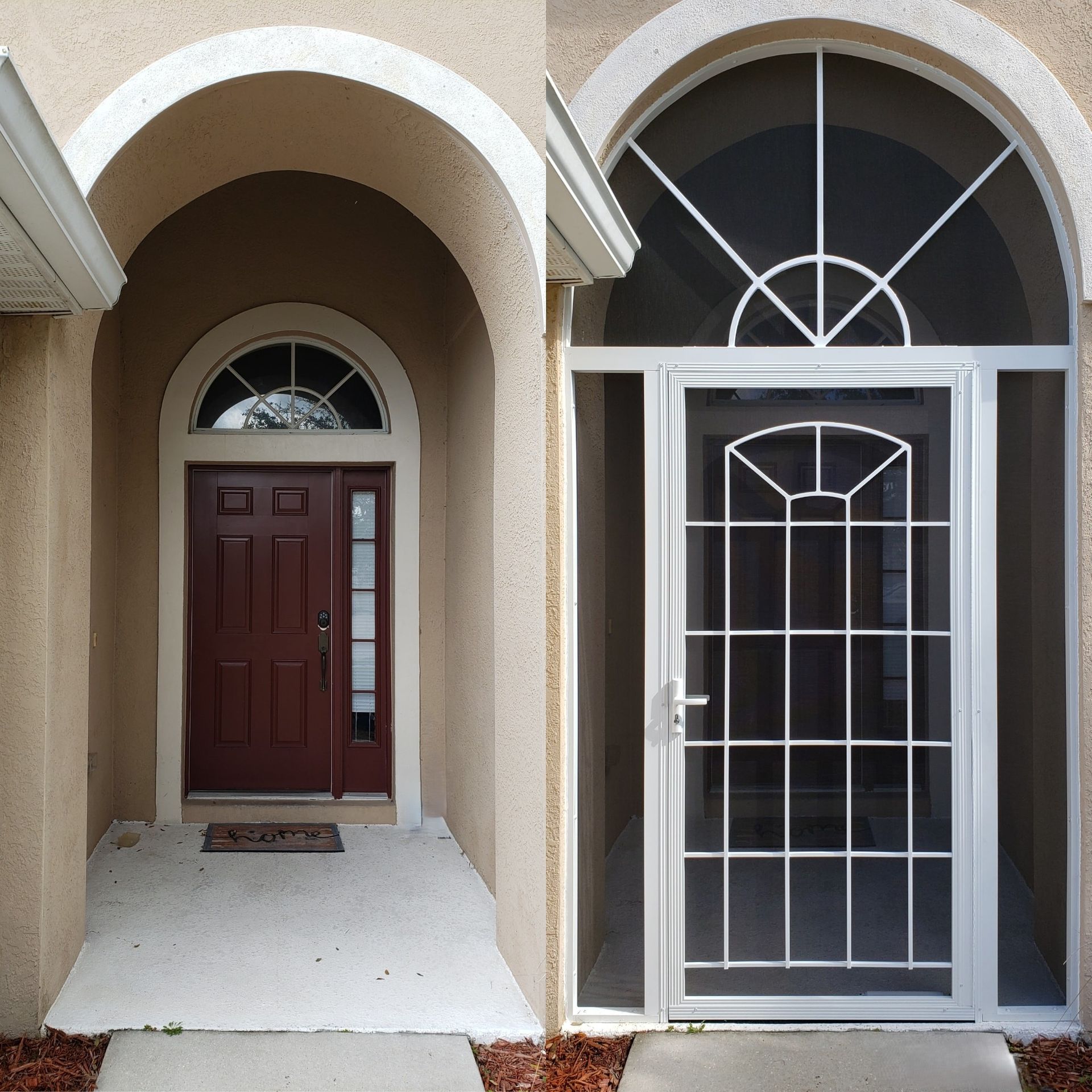 Two photos show a house entrance before and after a screen door installation. The door is burgundy in the before photo, and a white screen door is in the after photo.