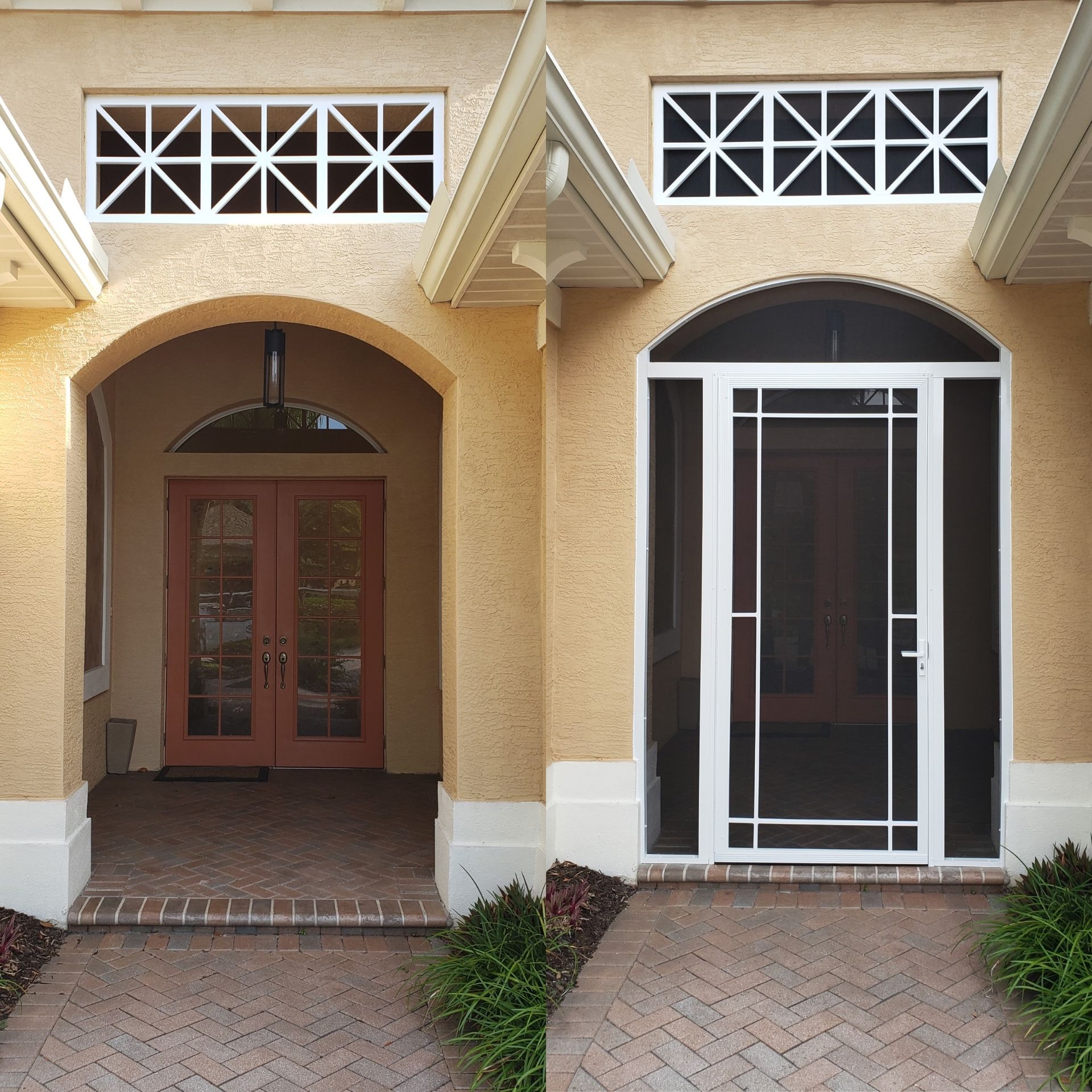Two images side-by-side: a beige house entrance with red double doors (left) and with a white screen door (right).