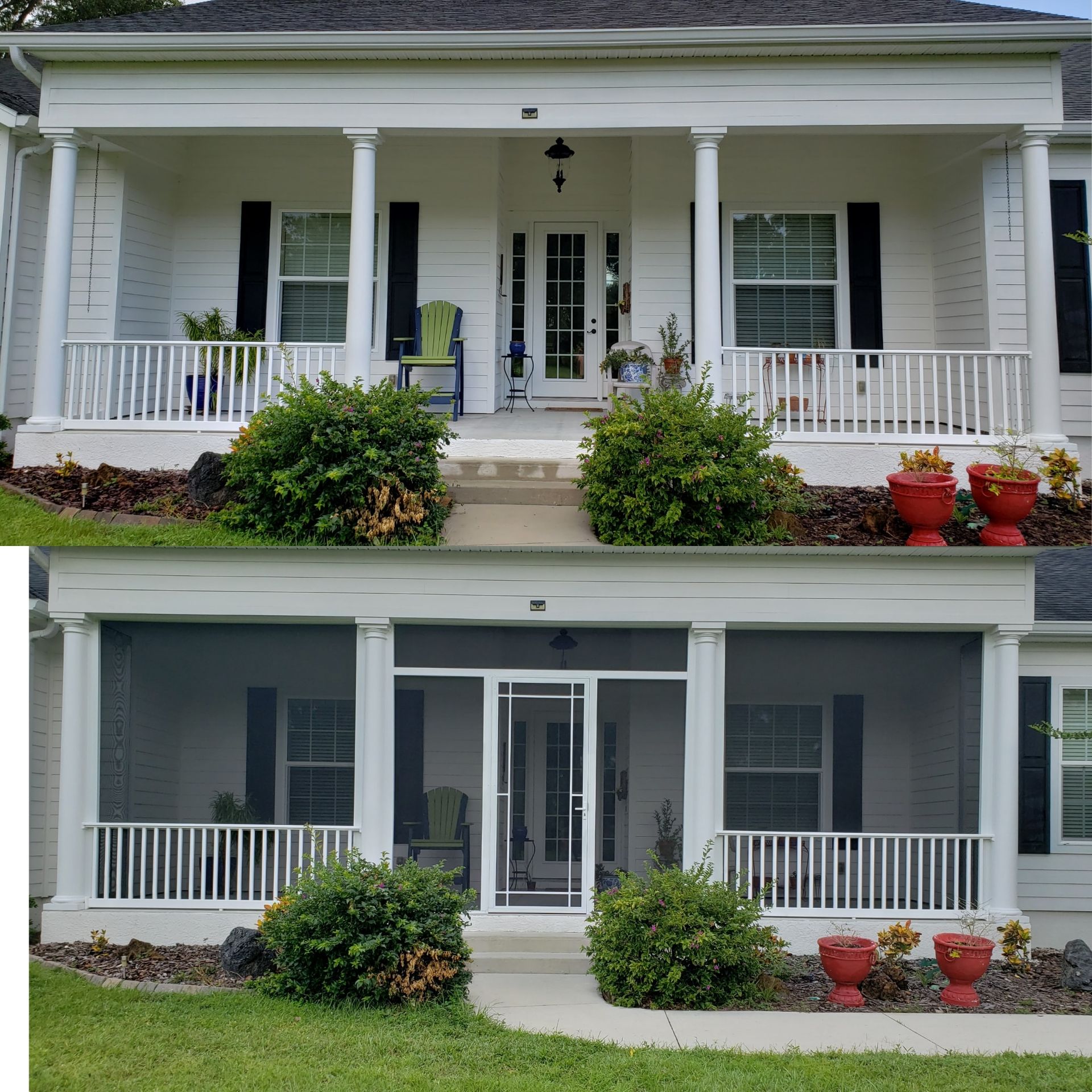 Two-panel view of a white house porch, top open, bottom screened in. Exterior with columns, windows, and shrubbery.