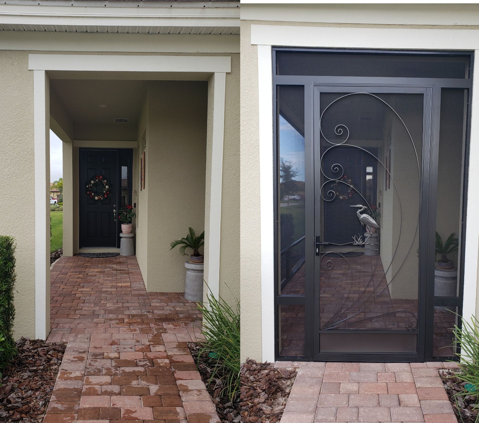 Entrance before and after screen door installation; brick walkway, tan exterior, black doors, decorative screen.