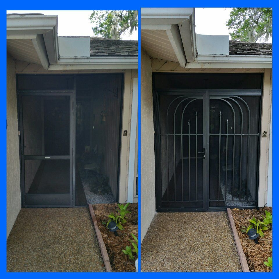 Exterior screen door with a black security gate installed.