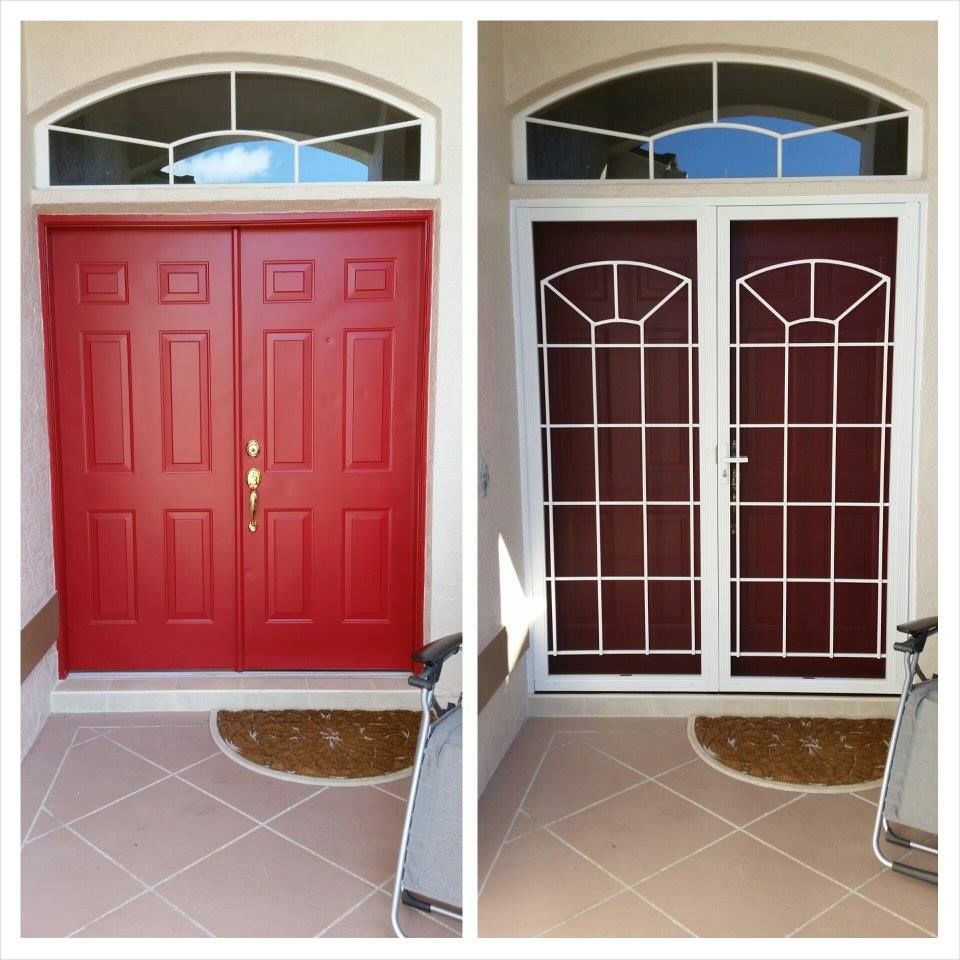 Two-panel comparison of a red double door and a white screen door. Both have an arched window above.