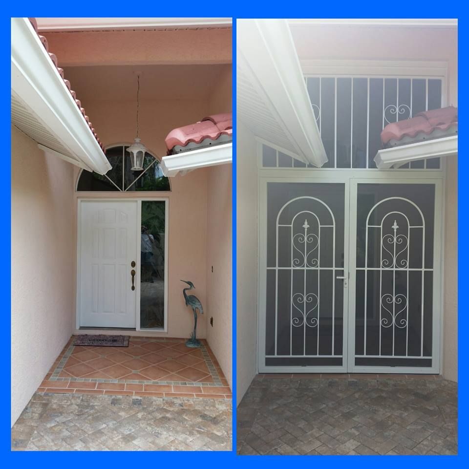 Two images side by side: a white front door and the same with white security screen doors, under a covered porch.