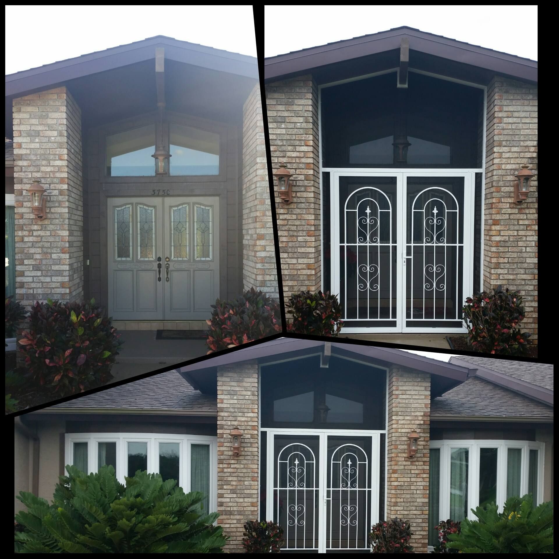 Composite image of a house entrance: gray door, white security door, and bay windows. Brick facade.
