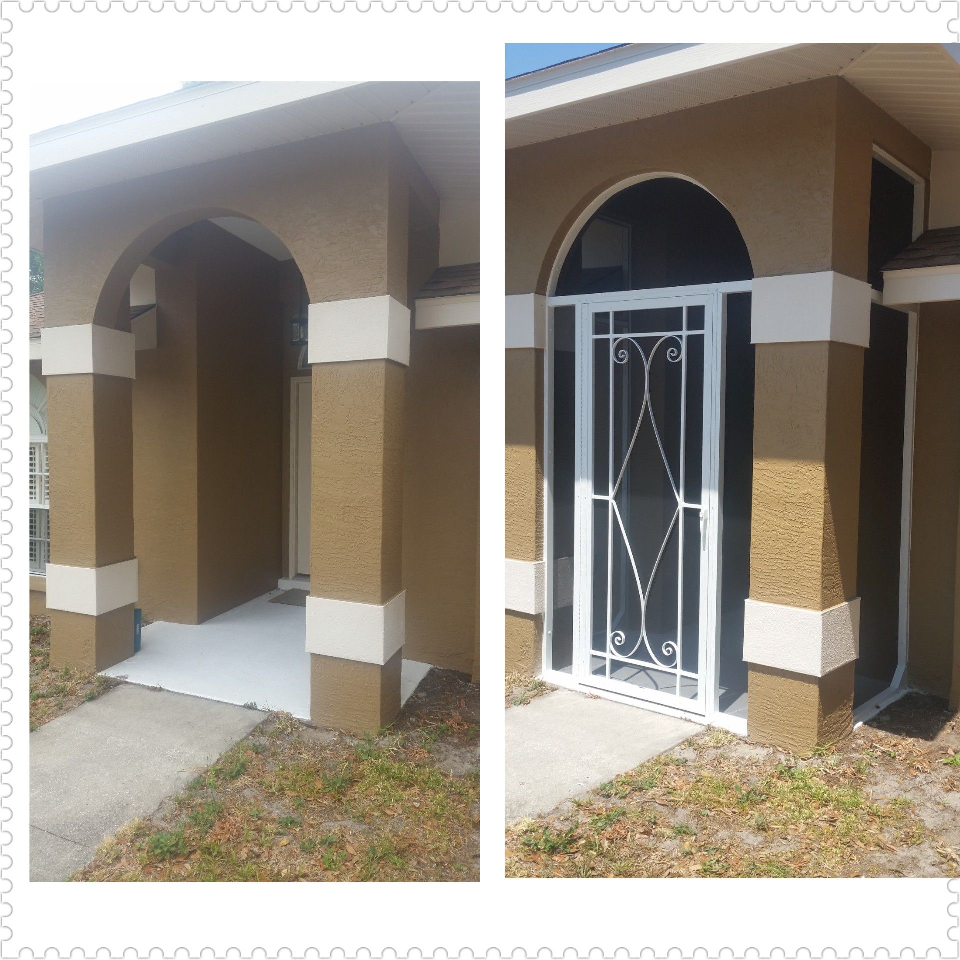 Exterior of a house with a covered entryway and a white security door. Brown stucco walls with cream accents.