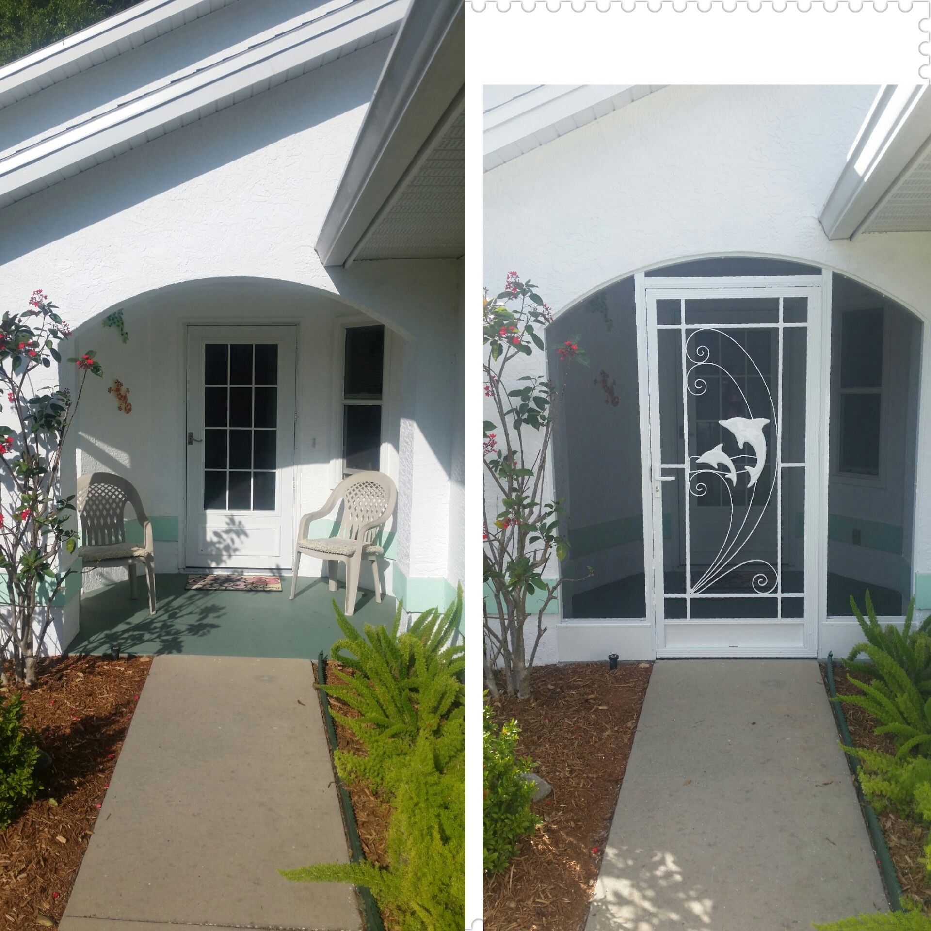 Two photos: before and after of a home's entryway. White stucco, concrete walkway, and new white screen door.