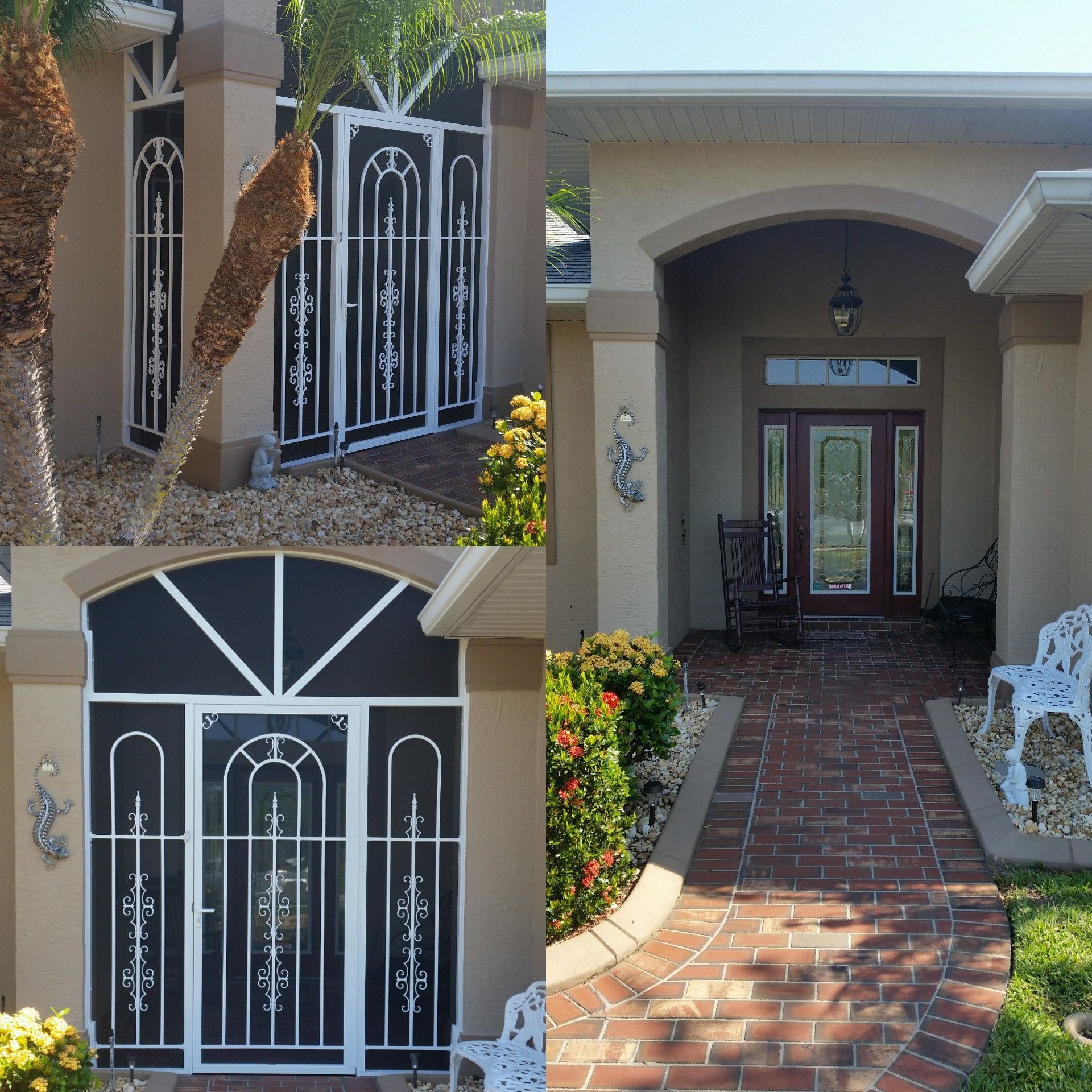 Four images showing the exterior of a home with ornate white security door and window grills.