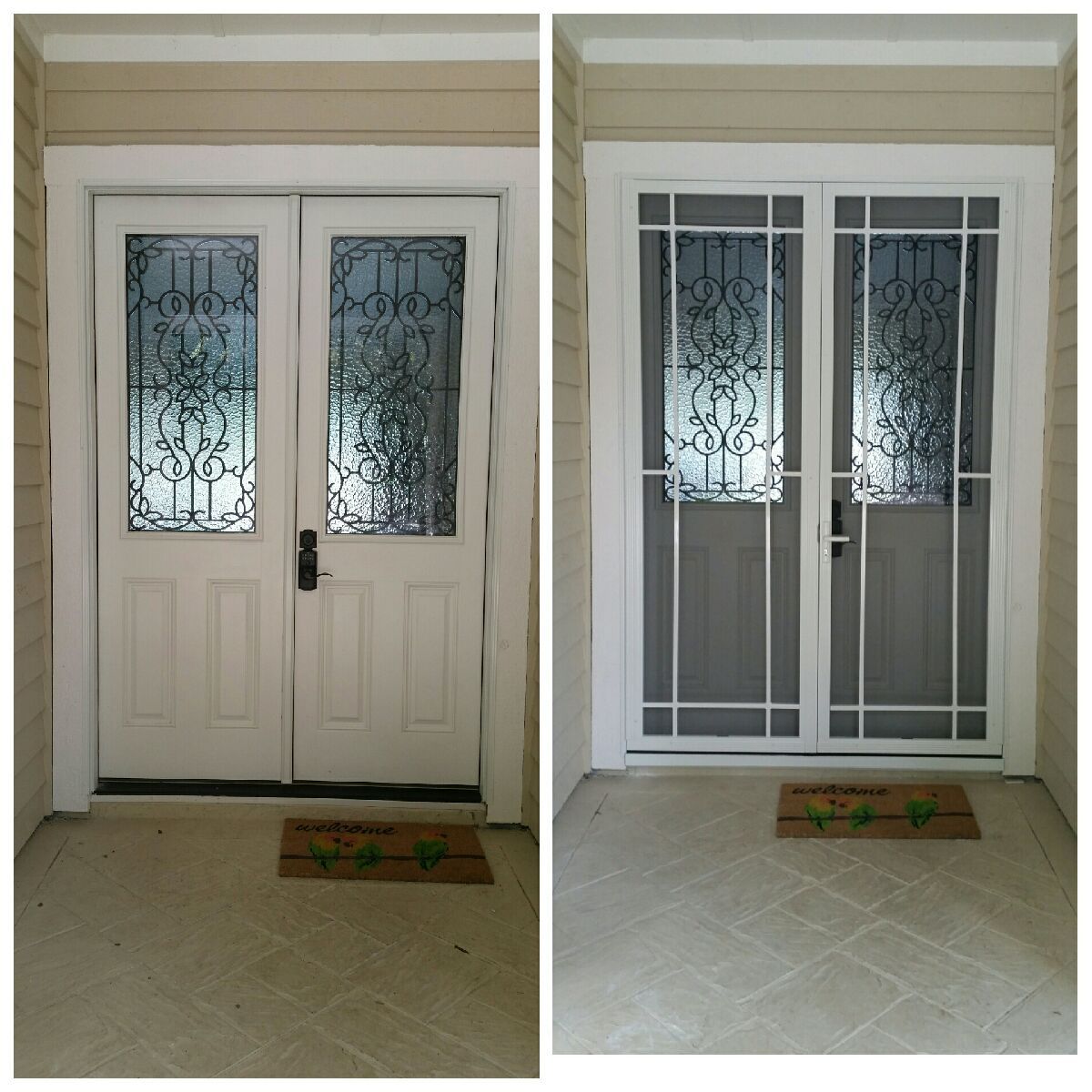 Two white double doors, then with a white screen door, on a porch with a welcome mat.
