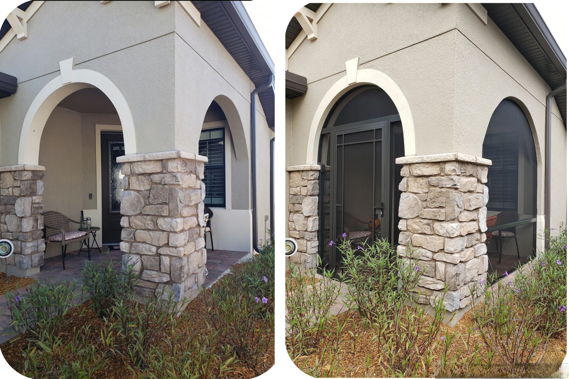 A house exterior with two columns and an arched doorway. A screen door is installed in the right image.