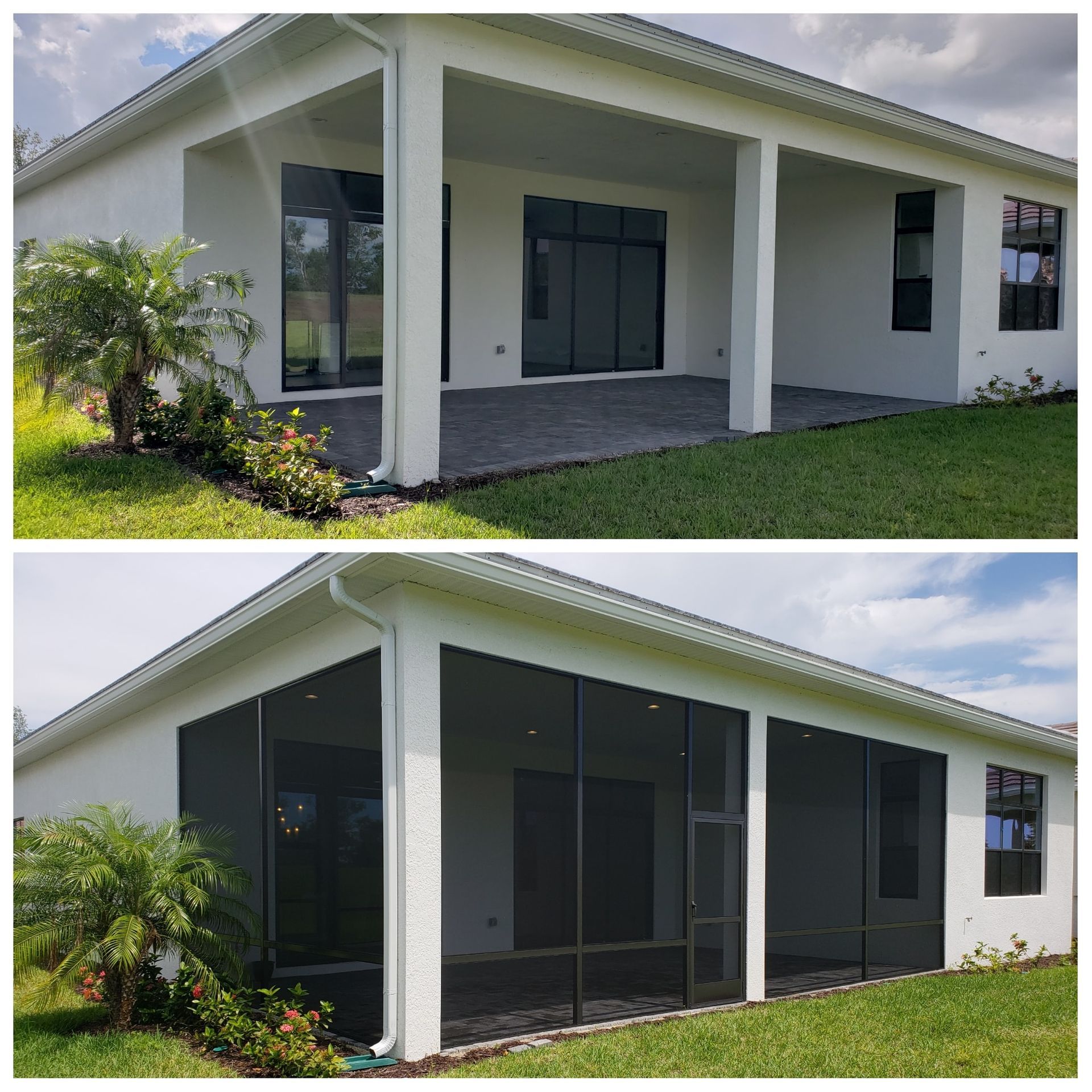 Two views of a white house with a screened patio. Top: open patio. Bottom: patio enclosed with black screens.