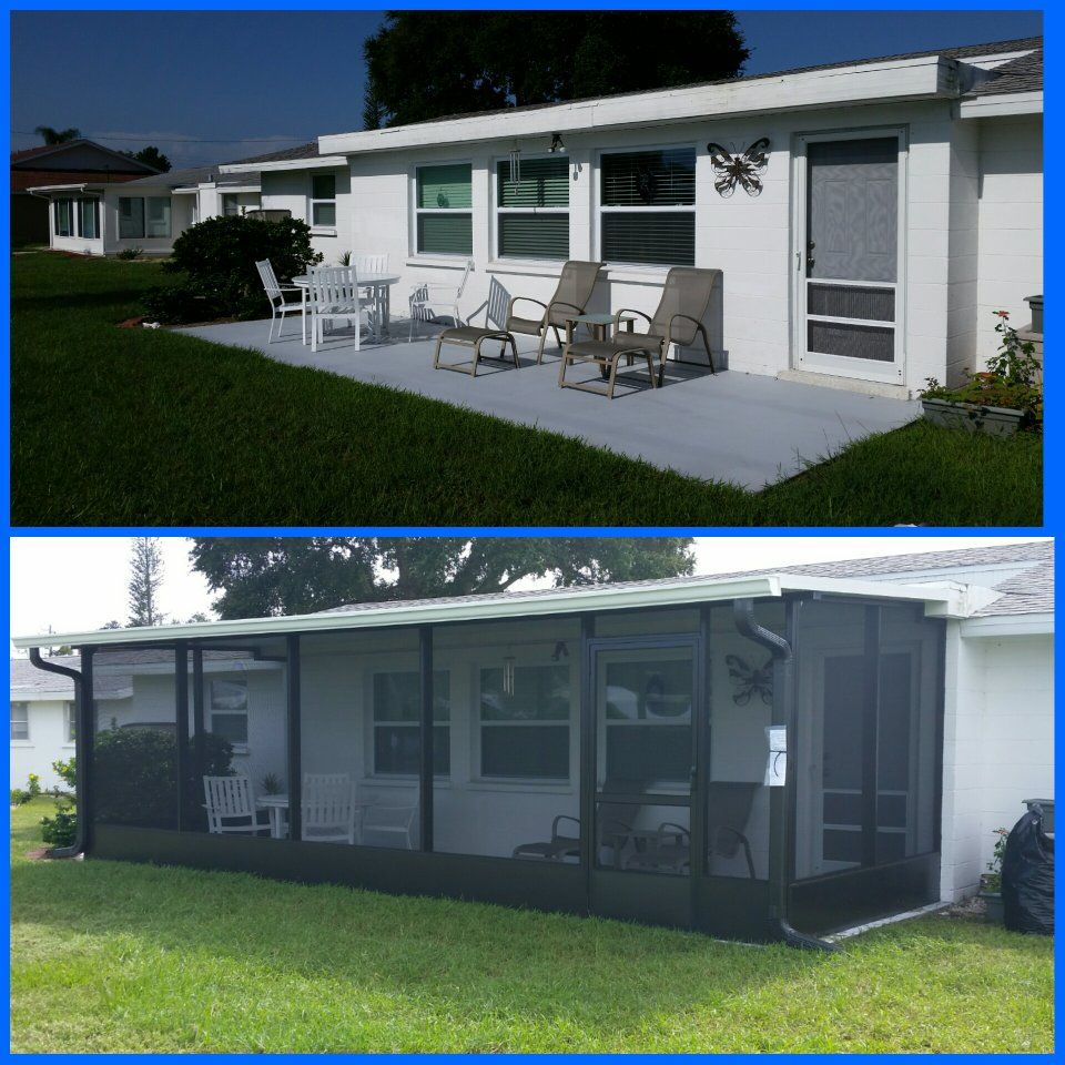 Top: White house with outdoor patio and chairs. Bottom: Screened-in porch attached to the house.