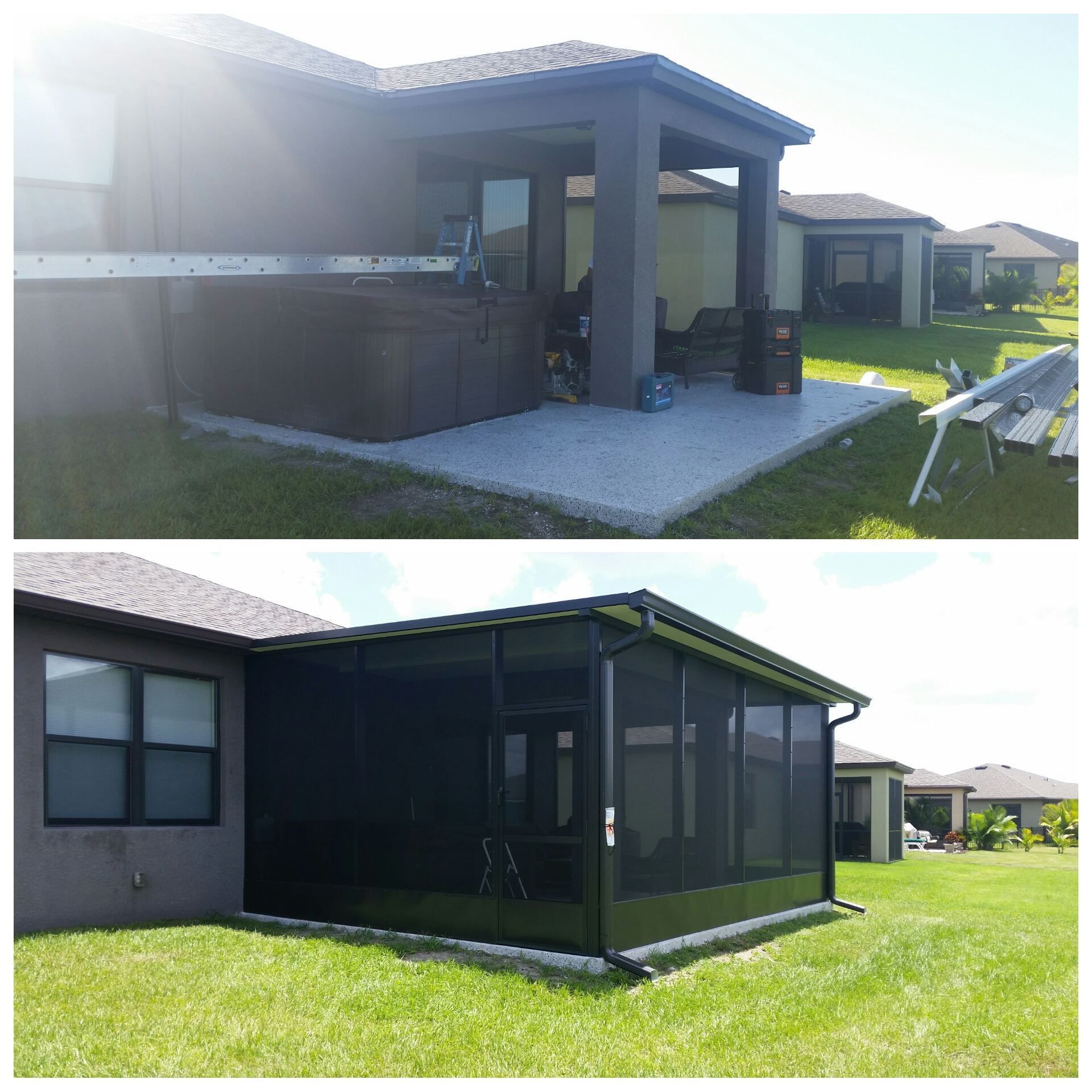 Two photos: backyard before and after screen enclosure installation. Dark brown hot tub and patio. Green grass.