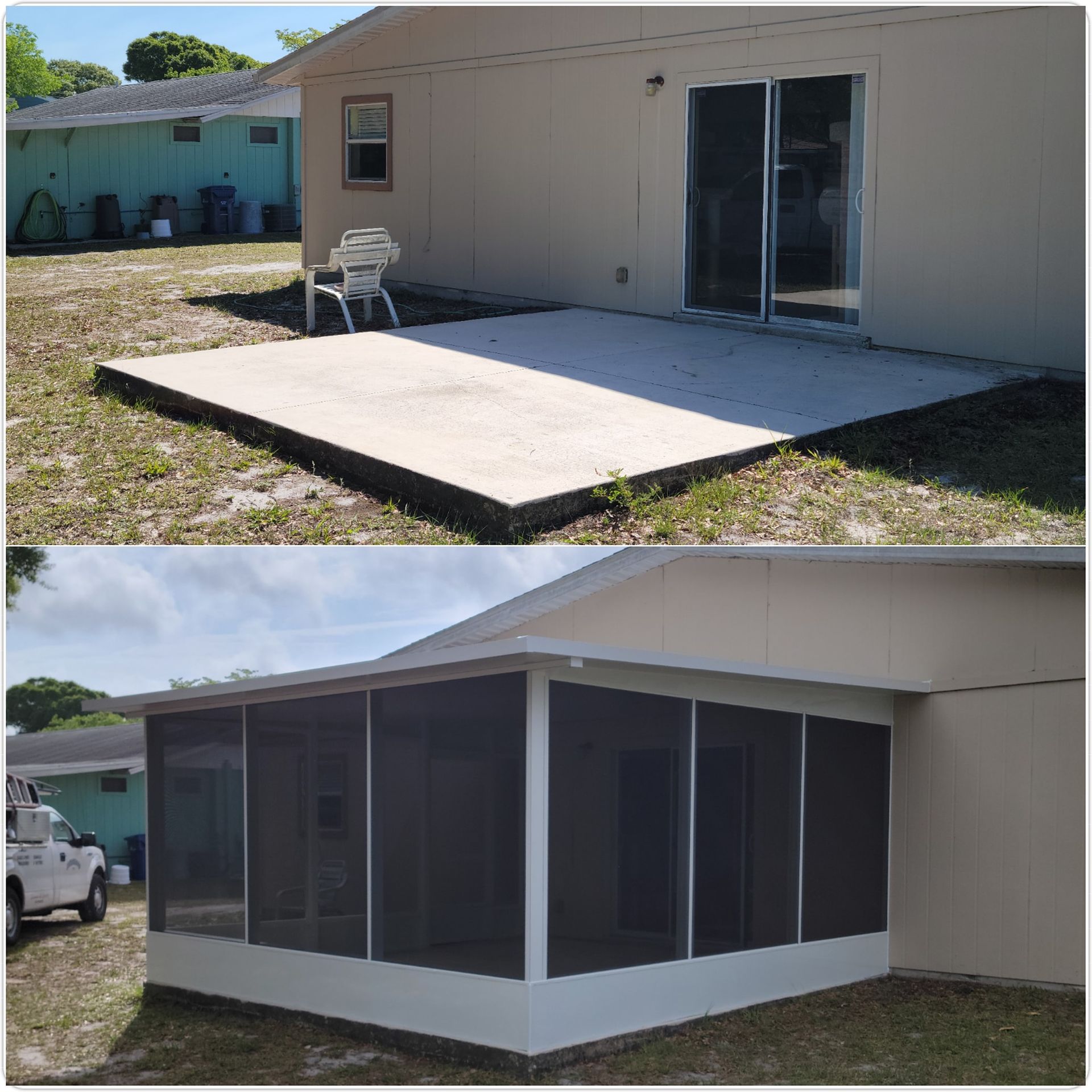 Before and after of a concrete patio transformed into a screened-in porch with white trim and dark screens.