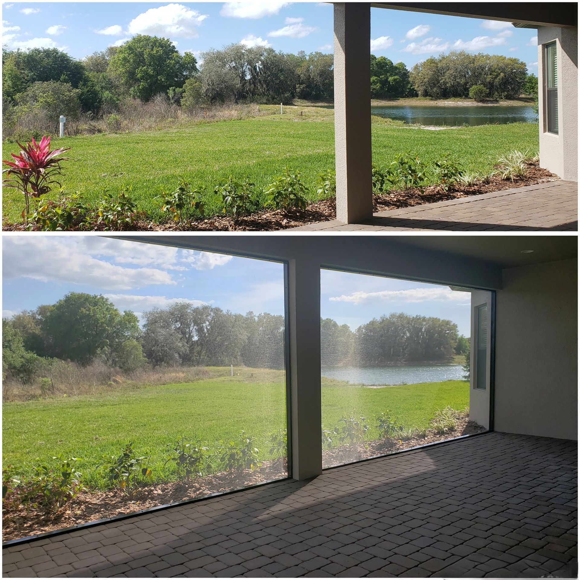 Top: view of a green field, trees, and lake from a patio. Bottom: same view with a screen installed.