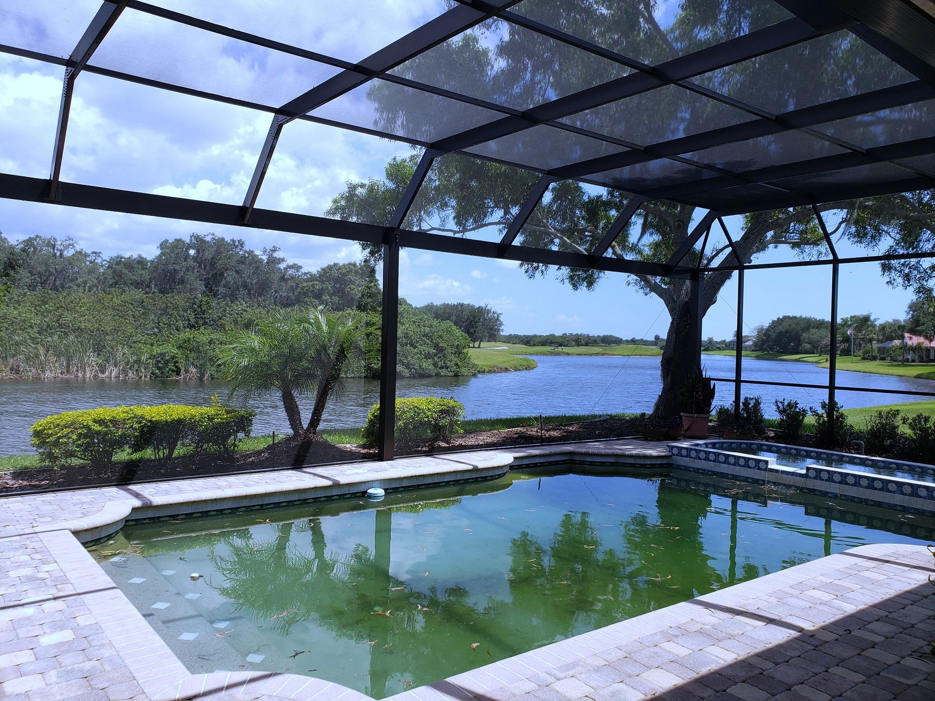Pool enclosure overlooking a lake, with green pool water and blue sky peeking through the roof.