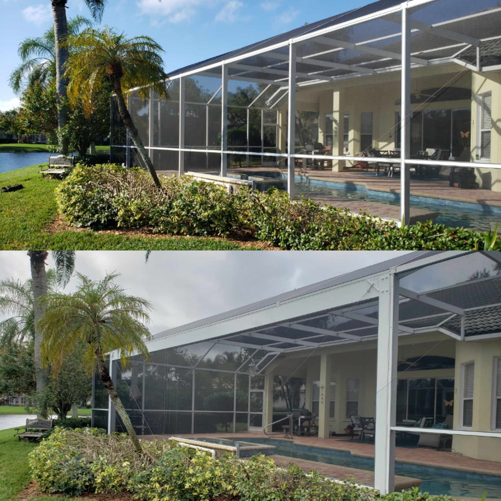 Two images: pool enclosure with white frames, screen panels. Top image: sunny day. Bottom: overcast.
