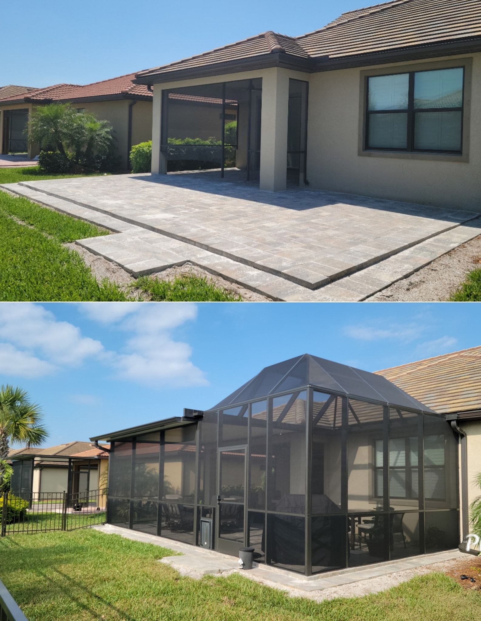 Top: Brick patio and screened porch, next to beige house. Bottom: Screened enclosure.