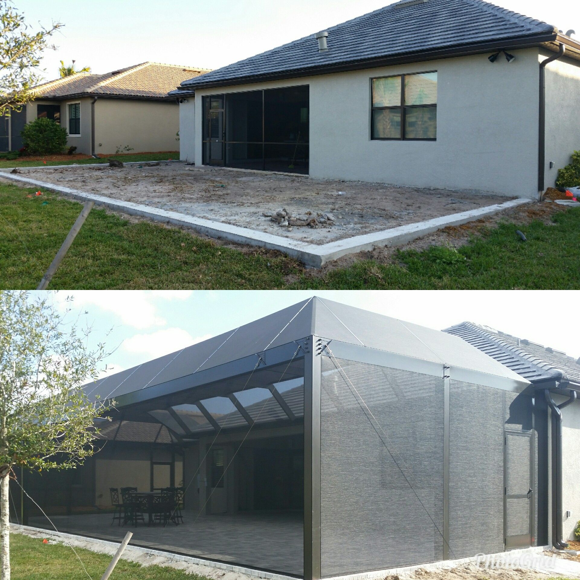 Before and after photos of a house with a screened-in patio. Exterior shot of a house with a patio before and after construction.
