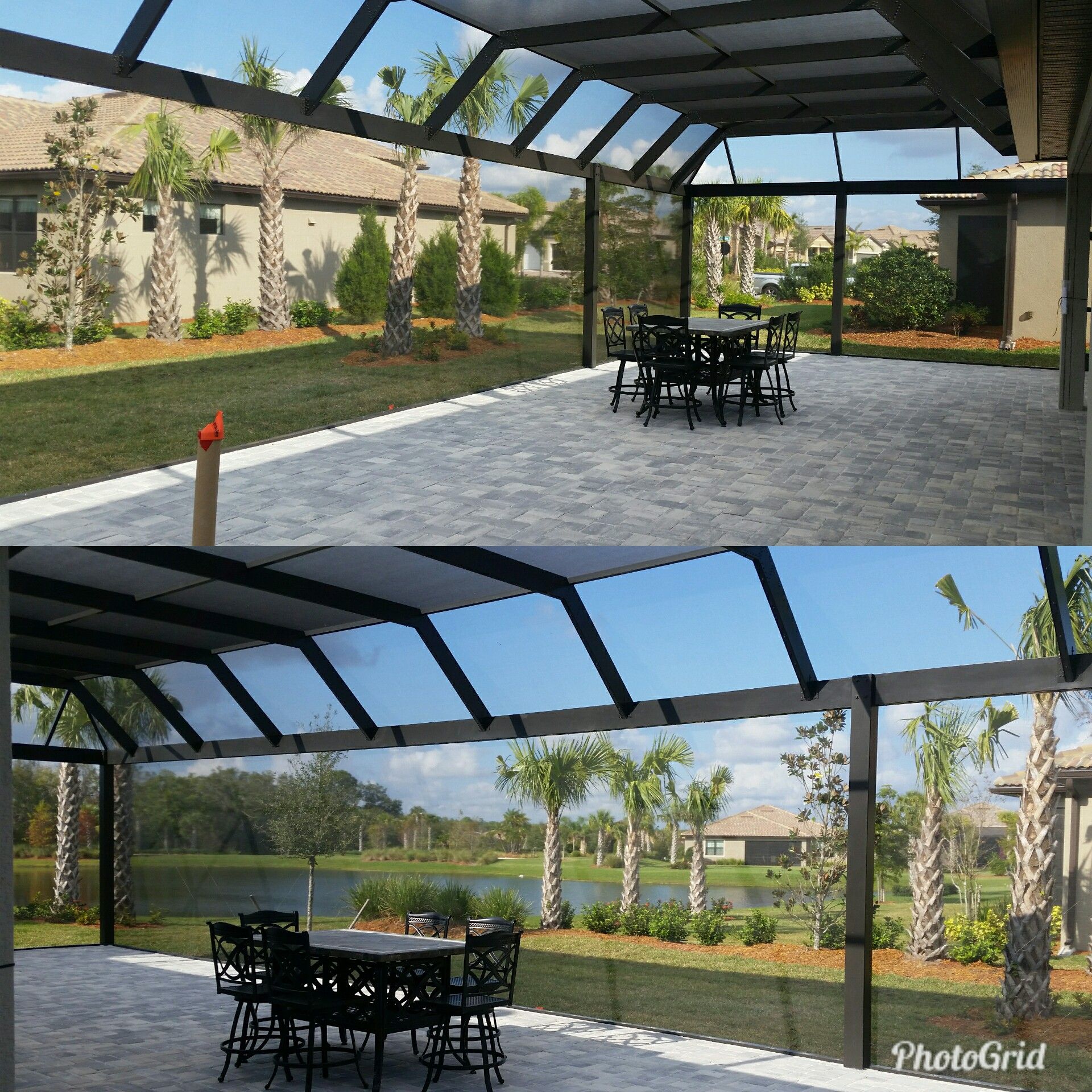 Two views of an outdoor patio with dark screen enclosure, dining table, and green lawn.