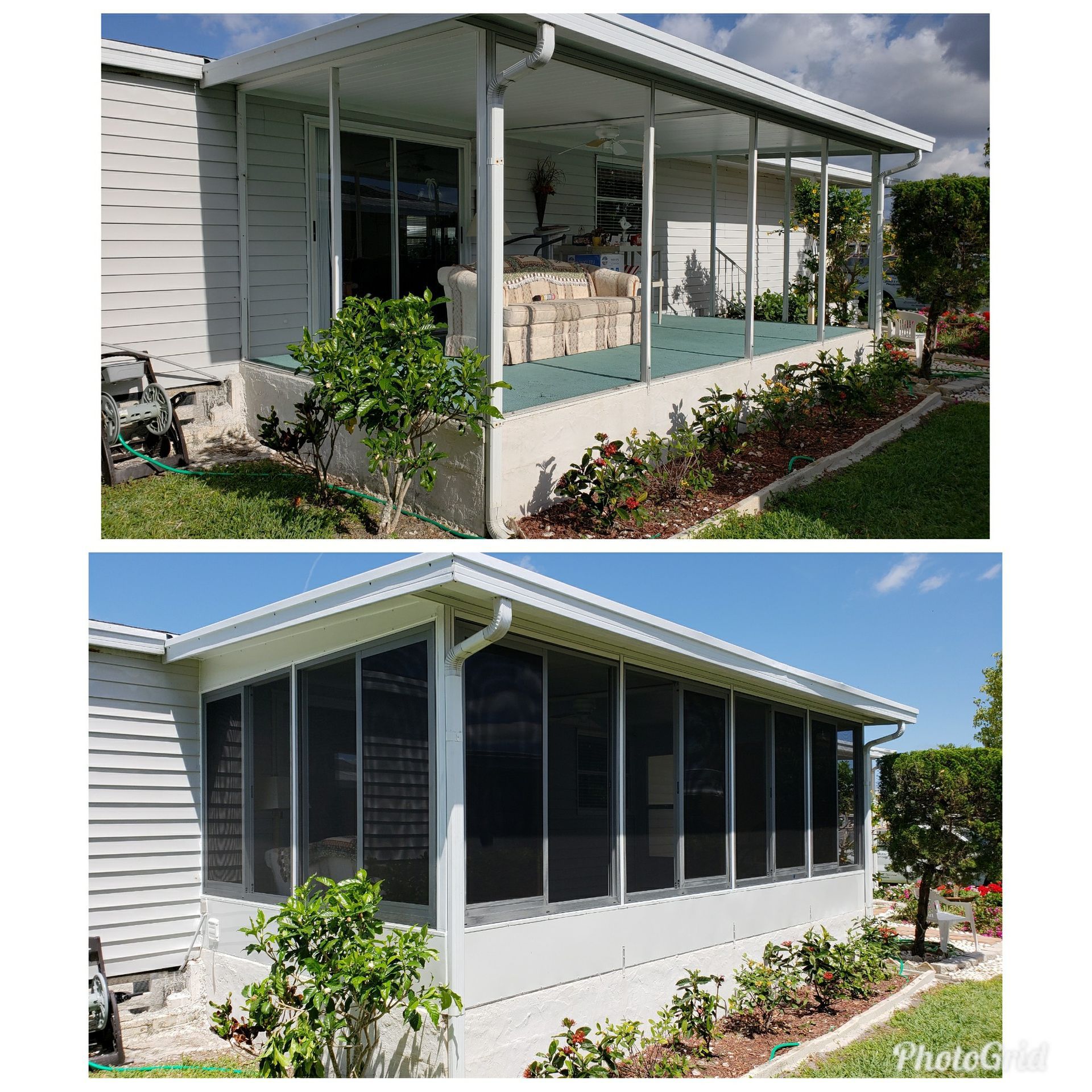Two views of a white-sided porch, open and screened, next to a home with garden beds.