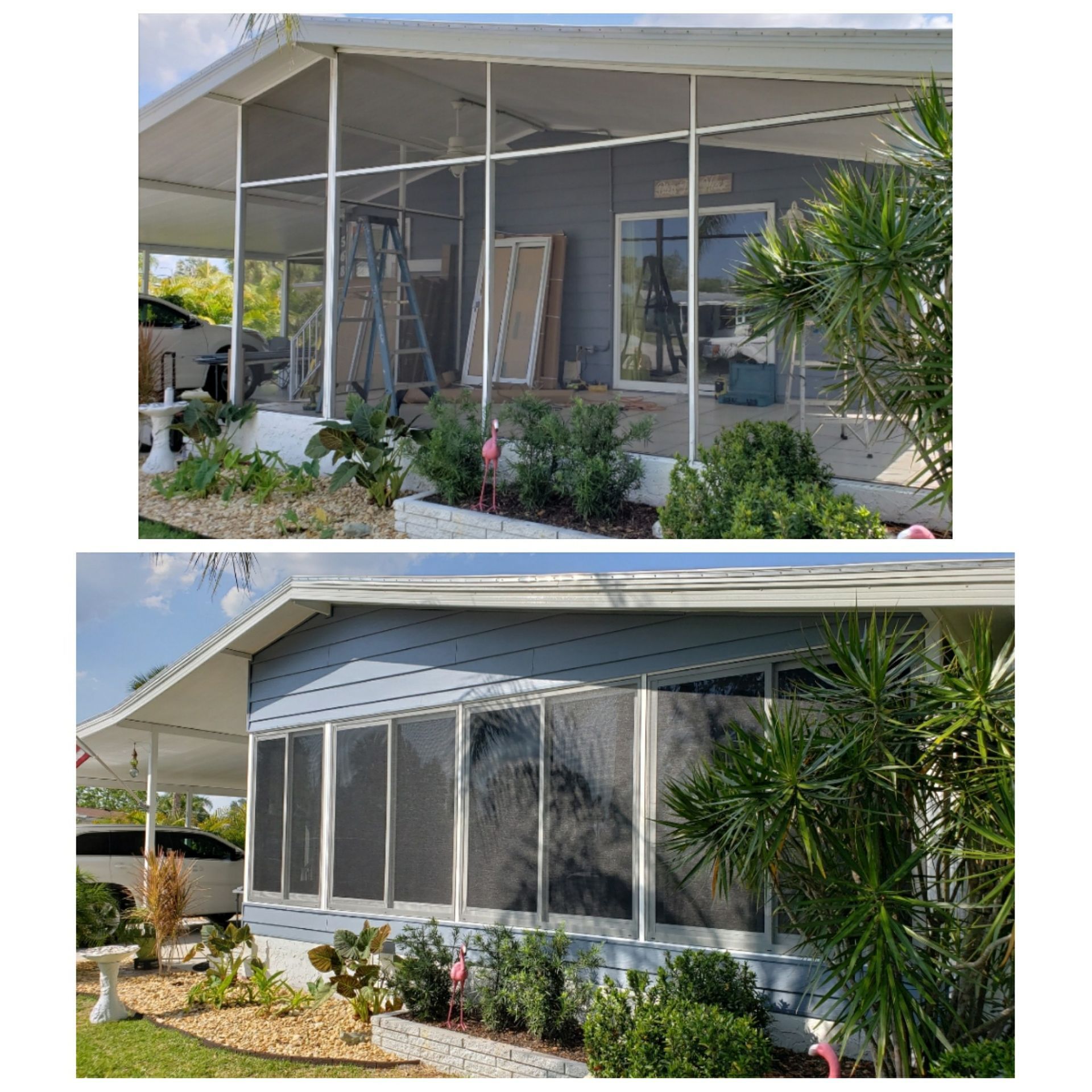 Two photos of a screened porch, one under construction, the other finished with glass windows.