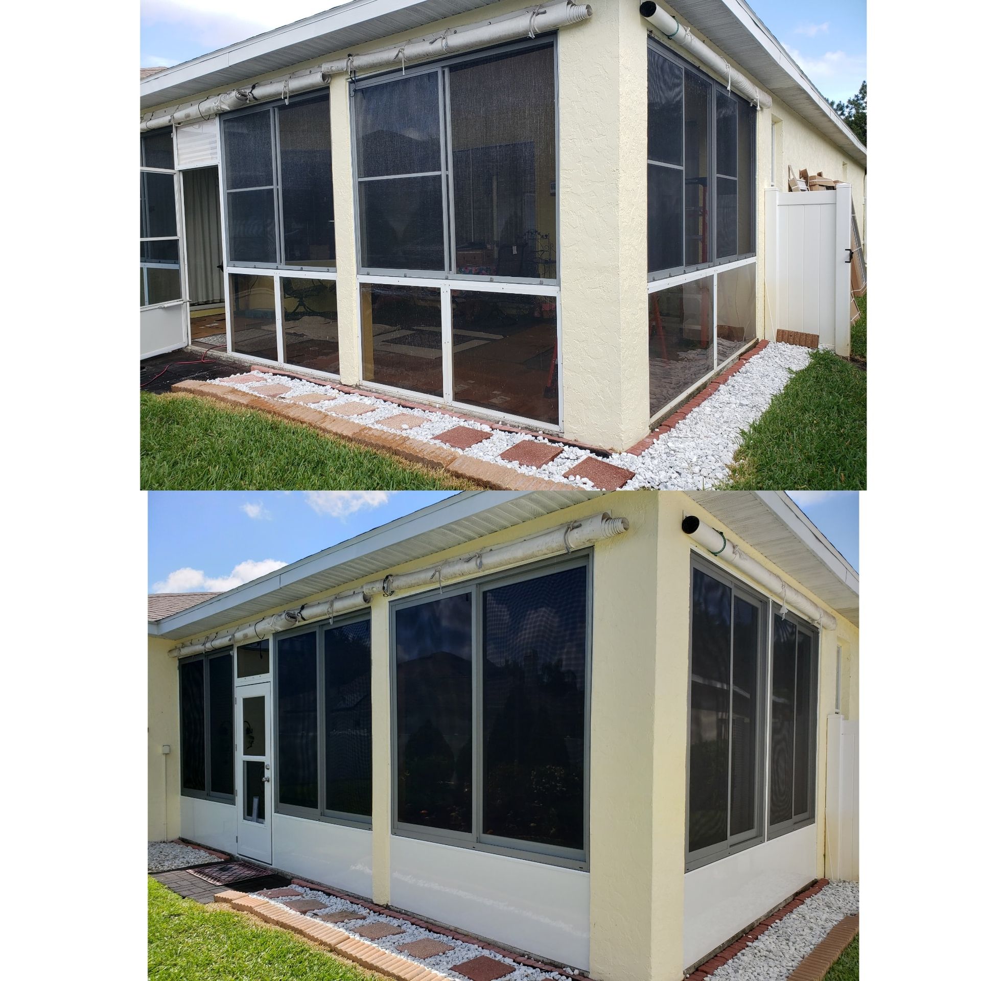 Two views of a sunroom with large screened windows. Off-white stucco exterior with white trim, set on green grass.