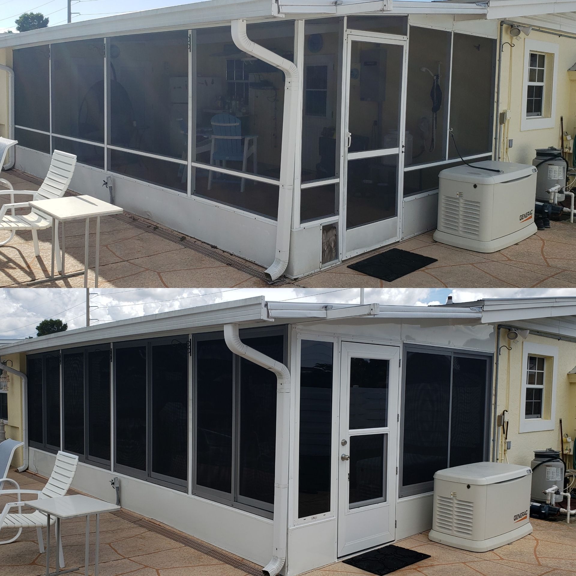 Comparison of a screened-in porch with light-colored screens (top) and dark-colored screens (bottom), attached to a light-colored building.