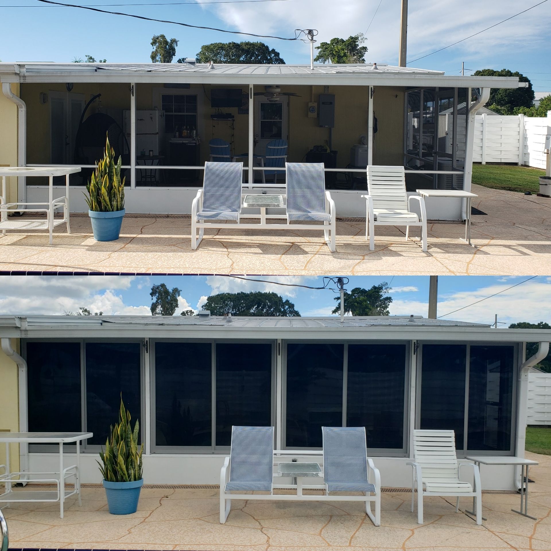 Two views of a patio with white furniture under a screened enclosure. The bottom view has darker screens.