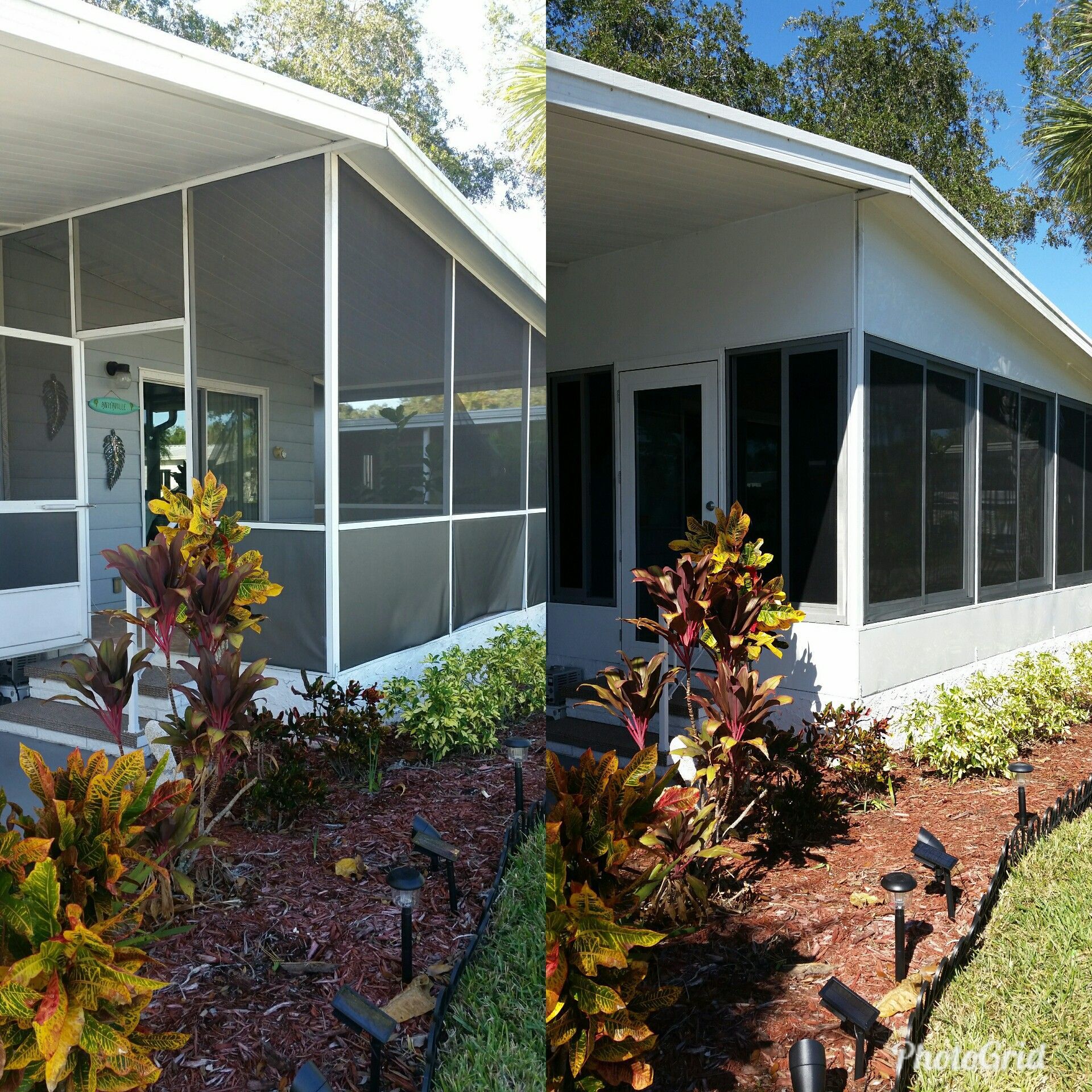 A before-and-after view of a house. The left side has screen windows and the right side has solid windows.
