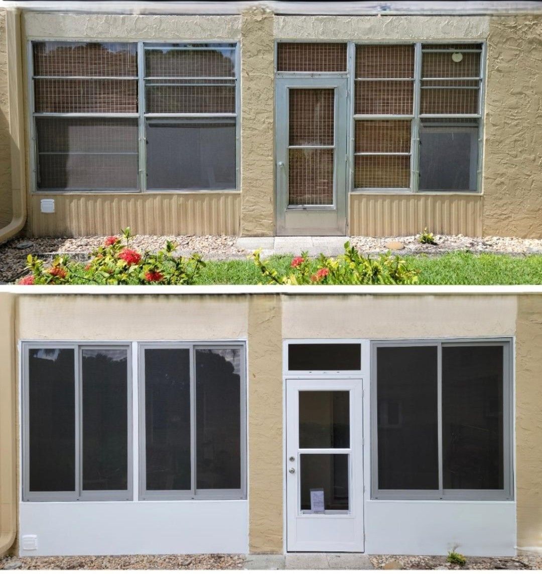Before and after photos of building exterior with windows and a door, showing a renovation with new screens.