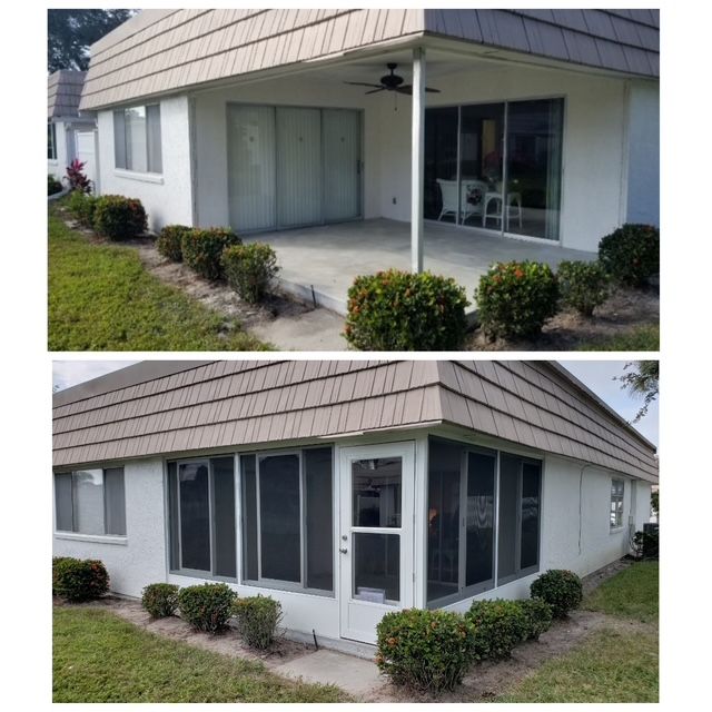 Two views of a white house with a patio area. The first view shows a patio with sliding doors. The second view has the patio enclosed with screens.