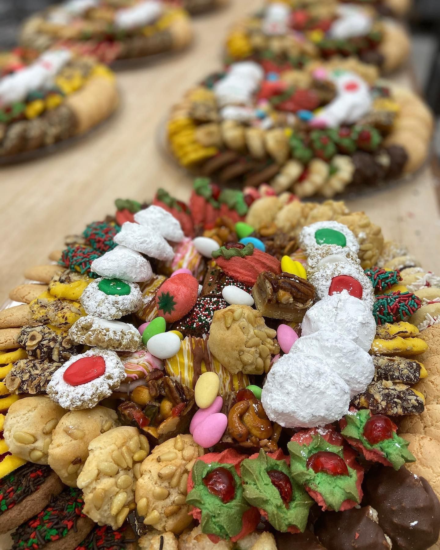 Cookie platter with an assortment of colorful cookies.