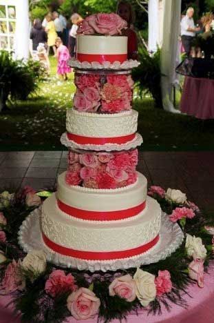 Five-tiered wedding cake with pink flowers, red ribbon, and a ruffled base, outdoors with guests in the background.