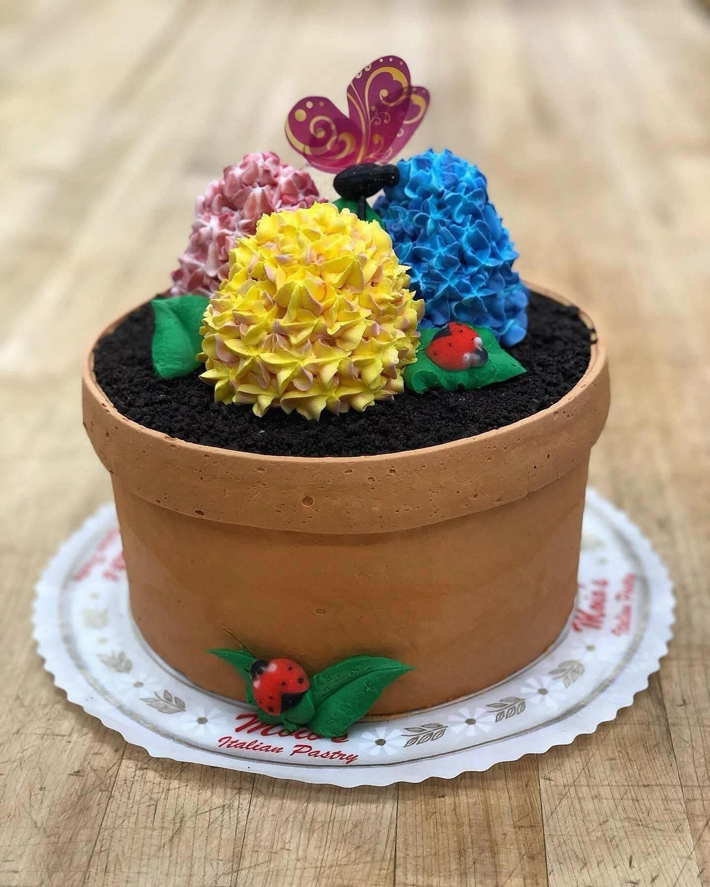 Cake shaped like a flower pot with buttercream flowers, a butterfly, and ladybugs.
