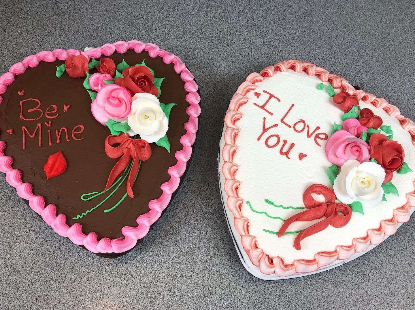 Two heart-shaped Valentine's cakes: chocolate