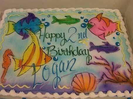 Cake decorated with colorful fish, bubbles, and