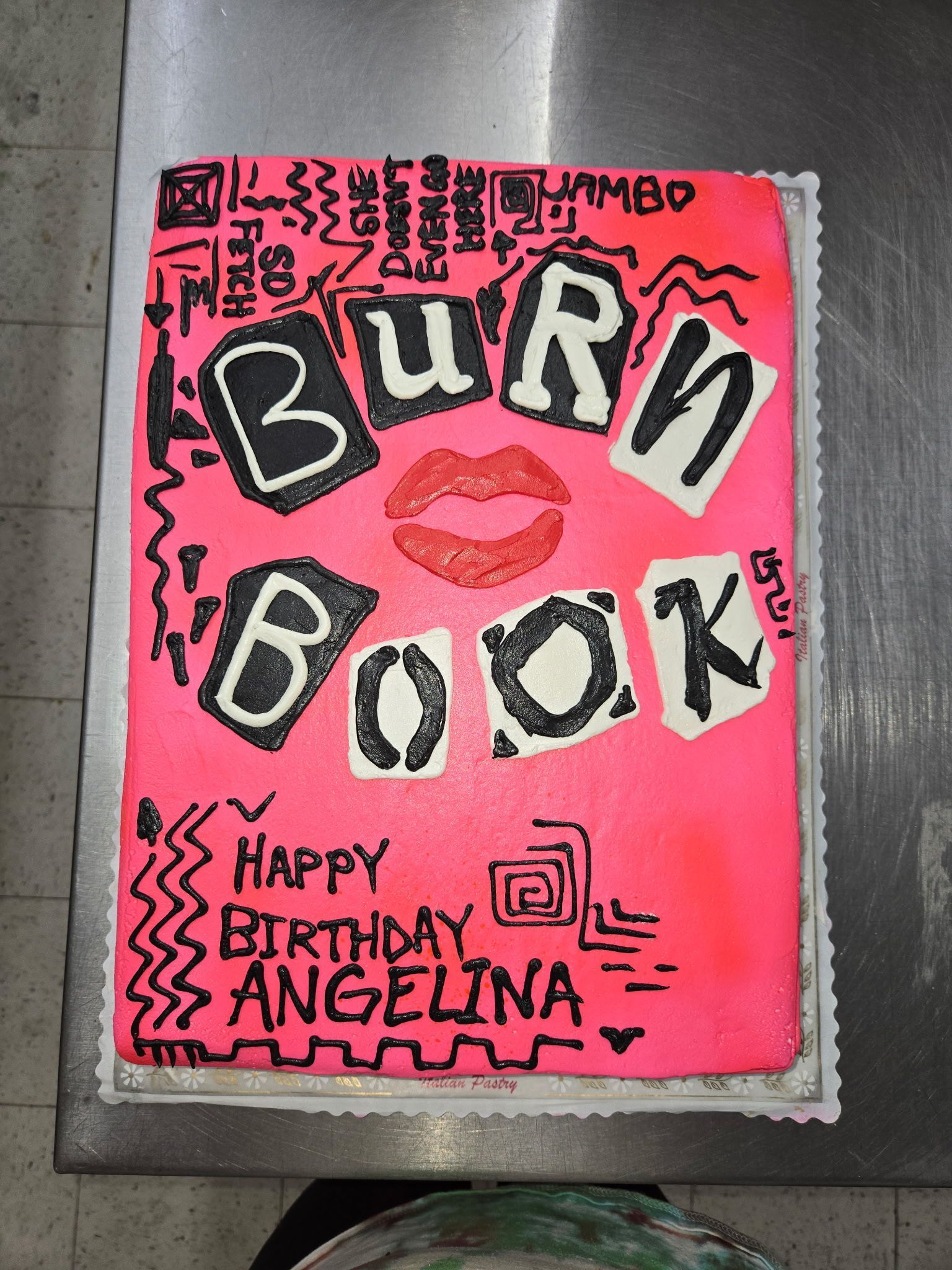 Pink Burn Book cake with black lettering
