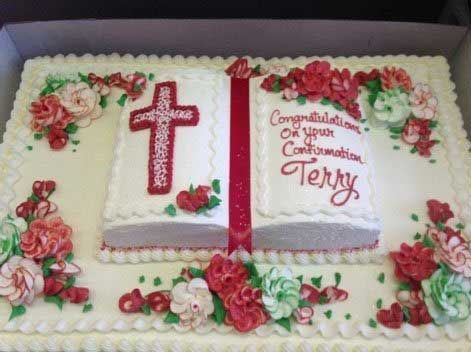 Cake decorated as an open book with a cross and floral accents, congratulating Terry on their Confirmation.