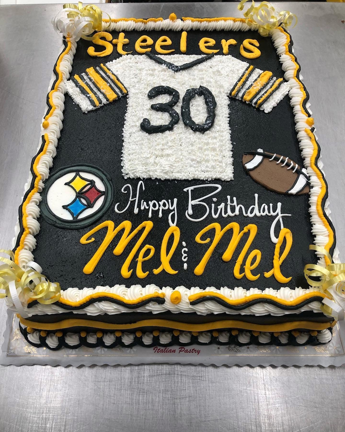 Steelers birthday cake with jersey design, number 30, and football, Happy Birthday Meli Mel.