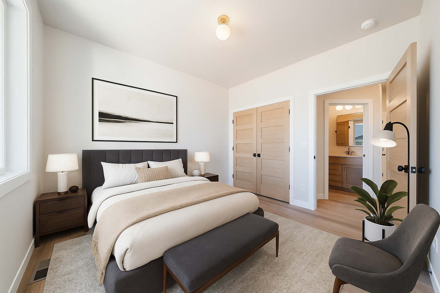 A bedroom with a large bed and a chair